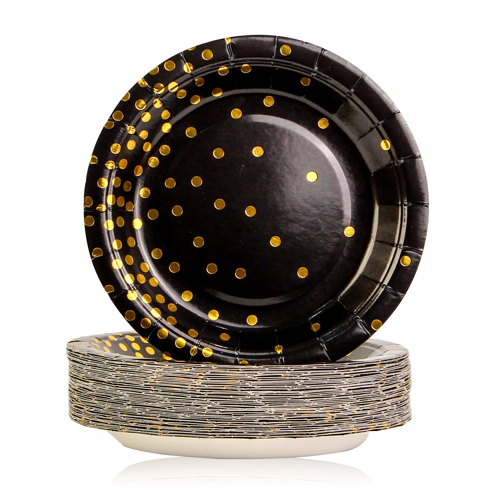 EVYIENEN 50 Pack Black and Gold Paper Plates, 7inch Metallic Foil Polka Dots Disposable Dessert Party Plates Party Supplies for Graduation Birthday