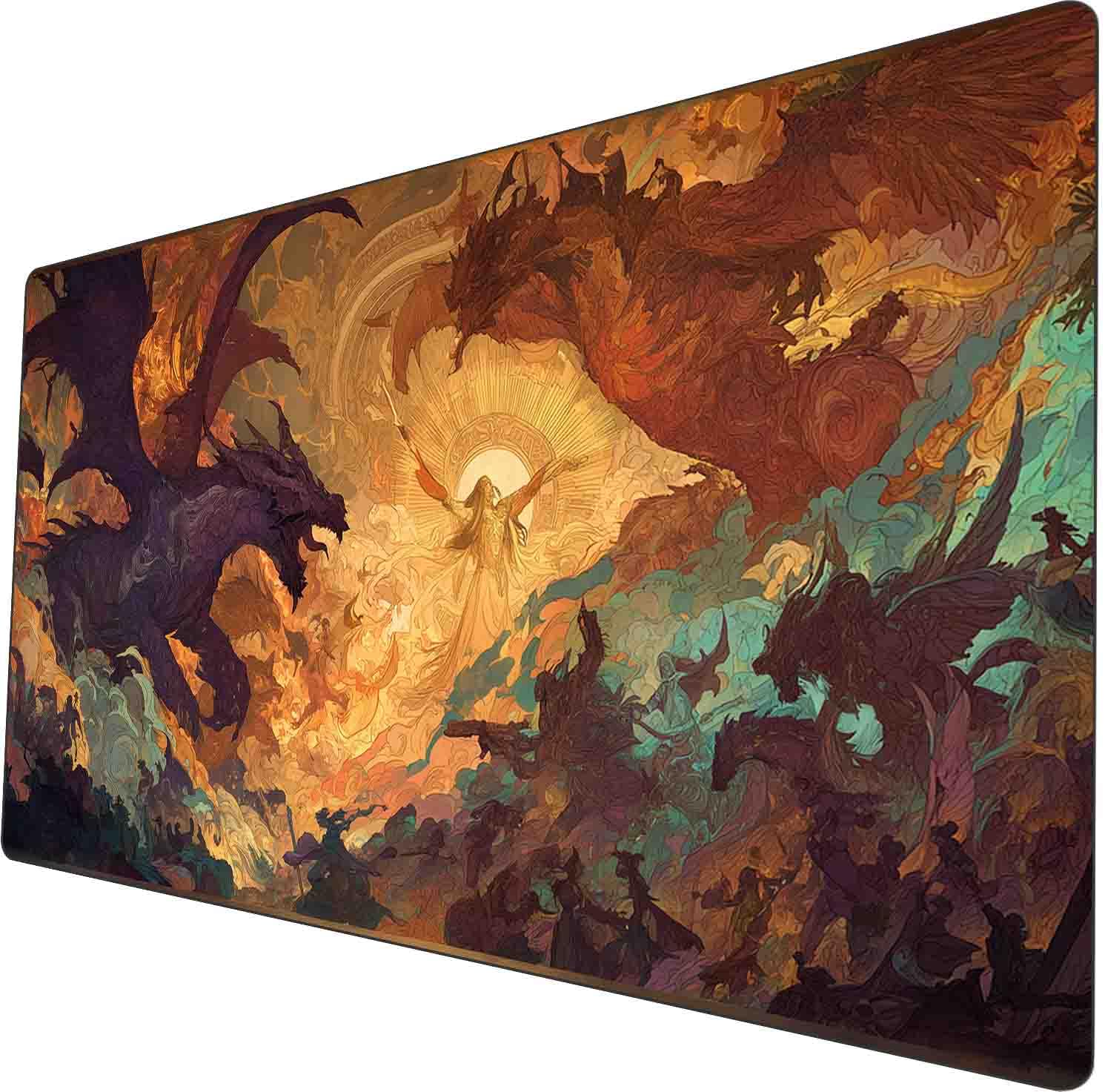 Mtg playmat 24x14 inches non-slip dragon design stitched edges smooth surface rubber base tcg game mat includes storage bags (The ancient great war)