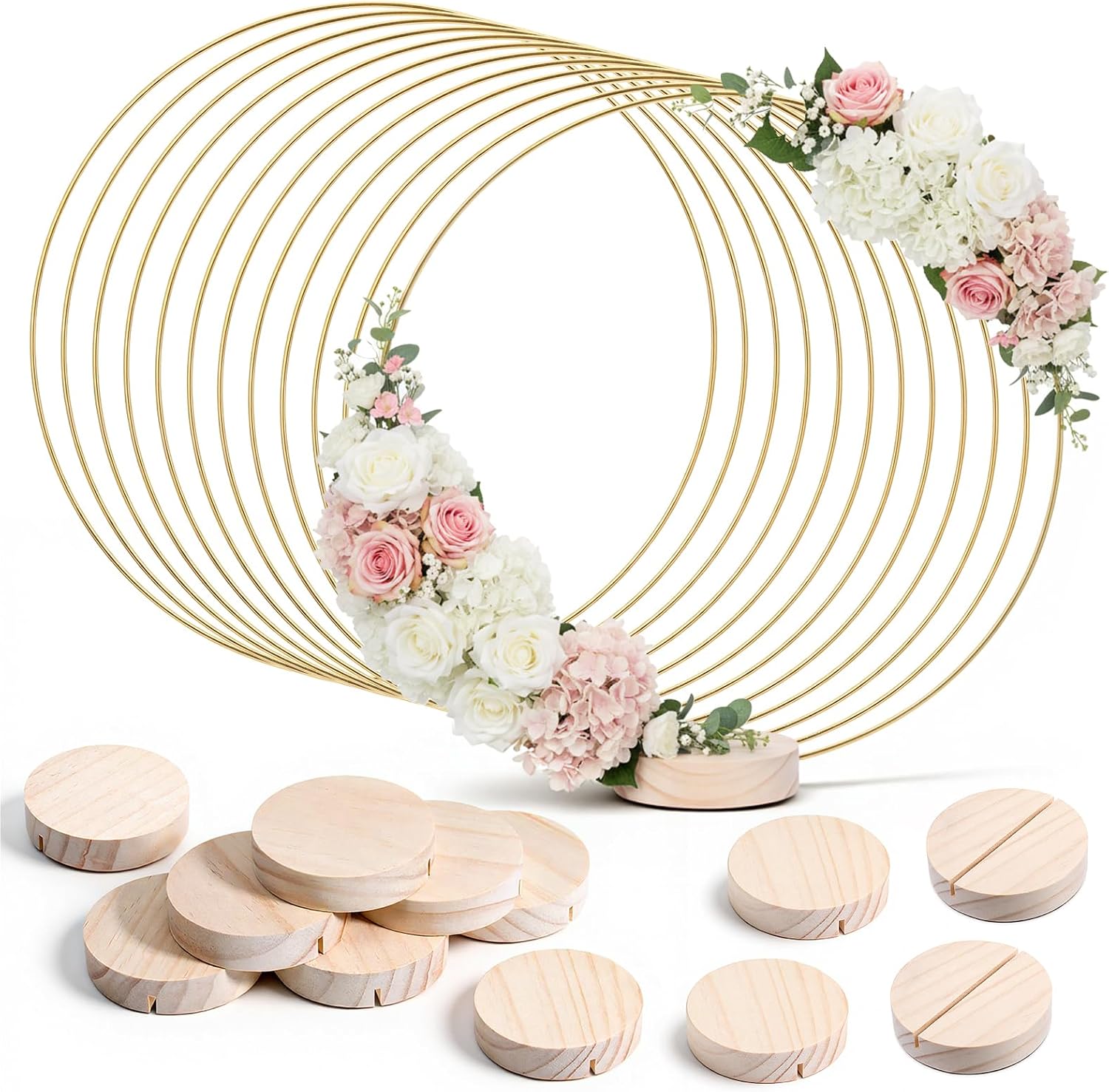 12Pcs 12 Inch Metal Floral Hoop Centerpiece with Stand Wreath Macrame Gold Hoop Rings with Wooden Stand for Making Wedding Table Wreaths, Wall Hanging Crafts