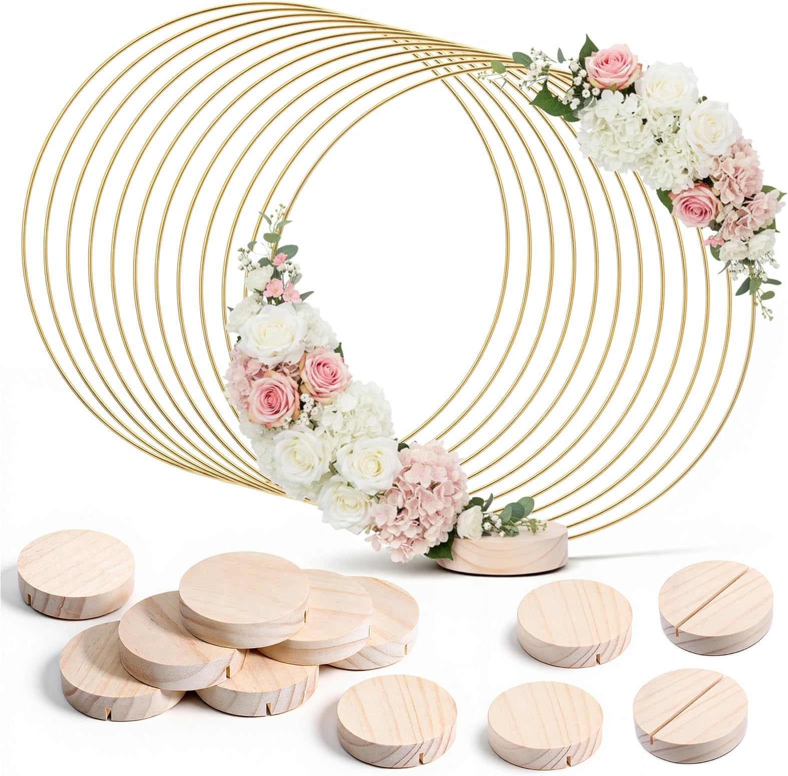 12Pcs 12 Inch Metal Floral Hoop Centerpiece with Stand Wreath Macrame Gold Hoop Rings with Wooden Stand for Making Wedding Table Wreaths, Wall Hanging Crafts