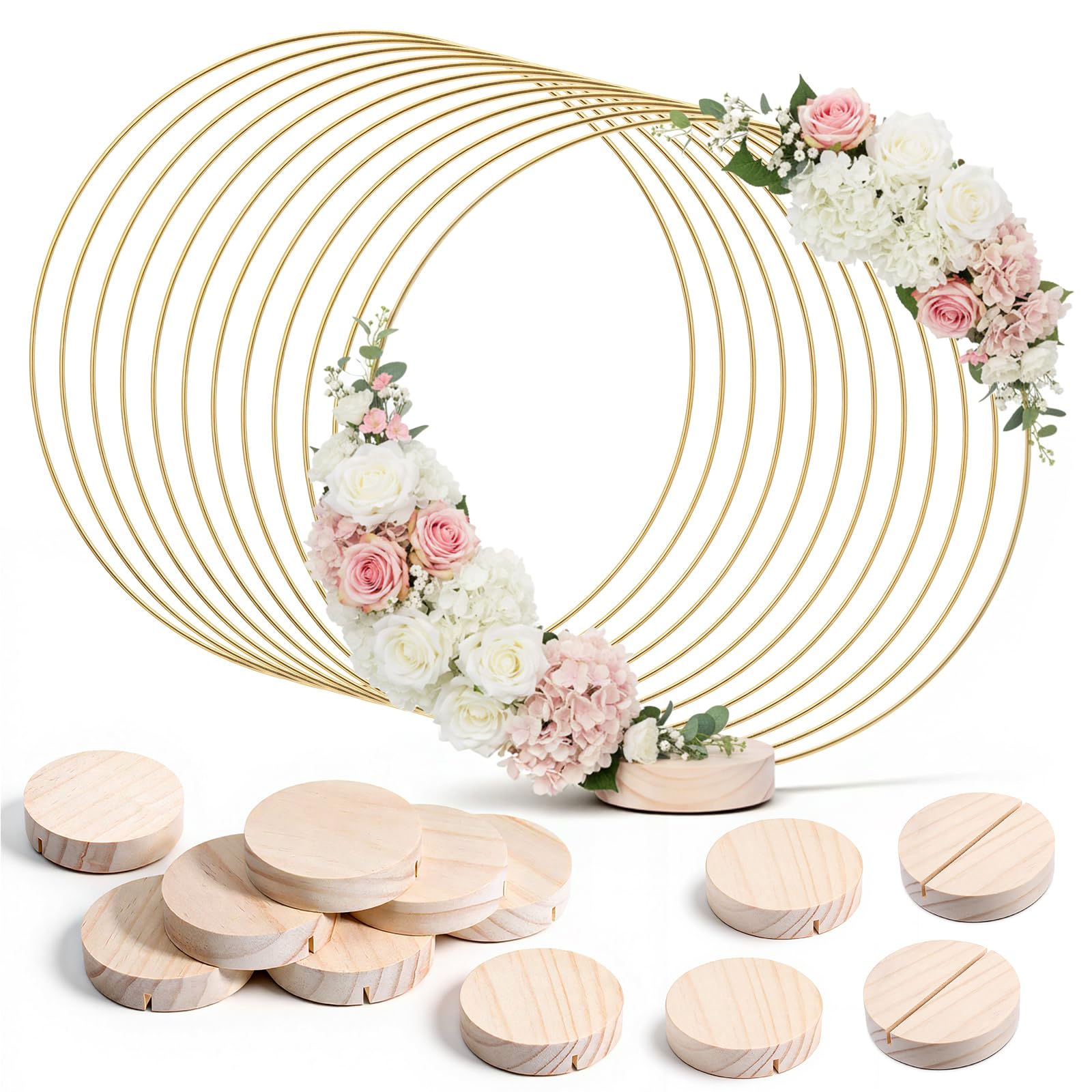 12Pcs 12 Inch Metal Floral Hoop Centerpiece with Stand Wreath Macrame Gold Hoop Rings with Wooden Stand for Making Wedding Table Wreaths, Wall Hanging Crafts