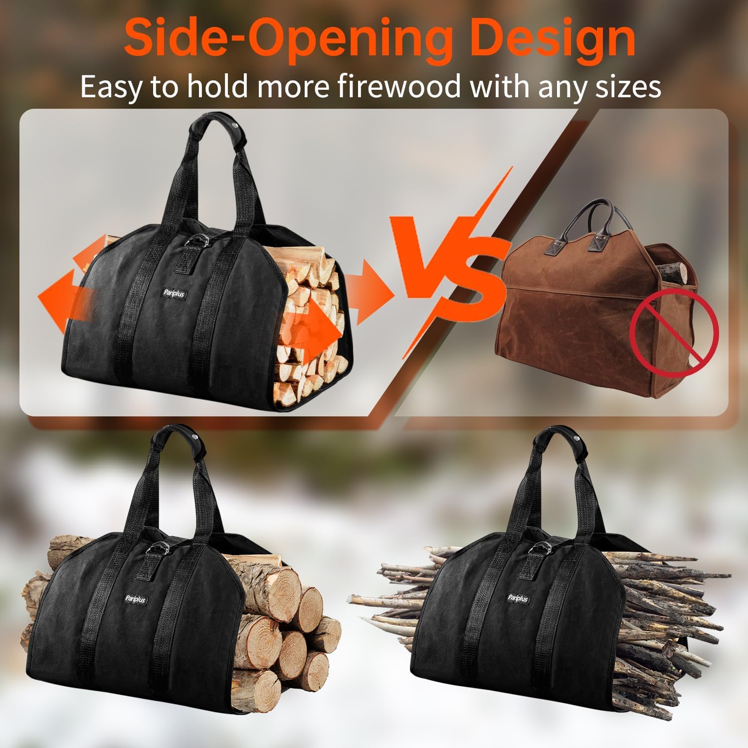 2-Pack Firewood Carriers with Handles and Strap - Sturdy Canvas Wood Carrier Bags, Log Carriers Tote for Camping, Fireplace, Wood Stove Accessories - Brown & Black thumbnail
