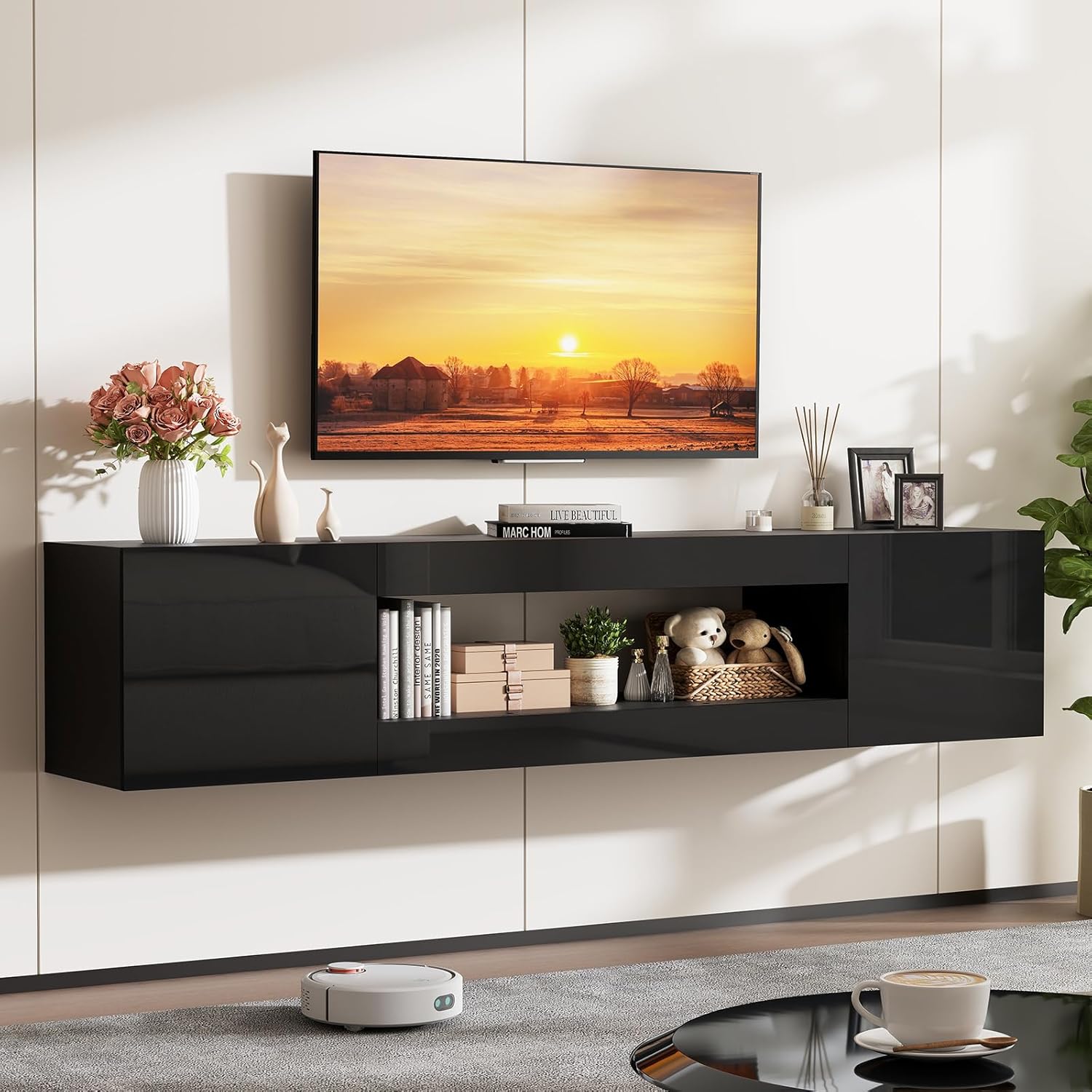 70" Floating TV Stand for TVs Up to 80", Wall Mounted Entertainment Center with Storage, Modern Floating TV Shelf with Flip Doors, TV Floating Cabinet for Living Room, Black