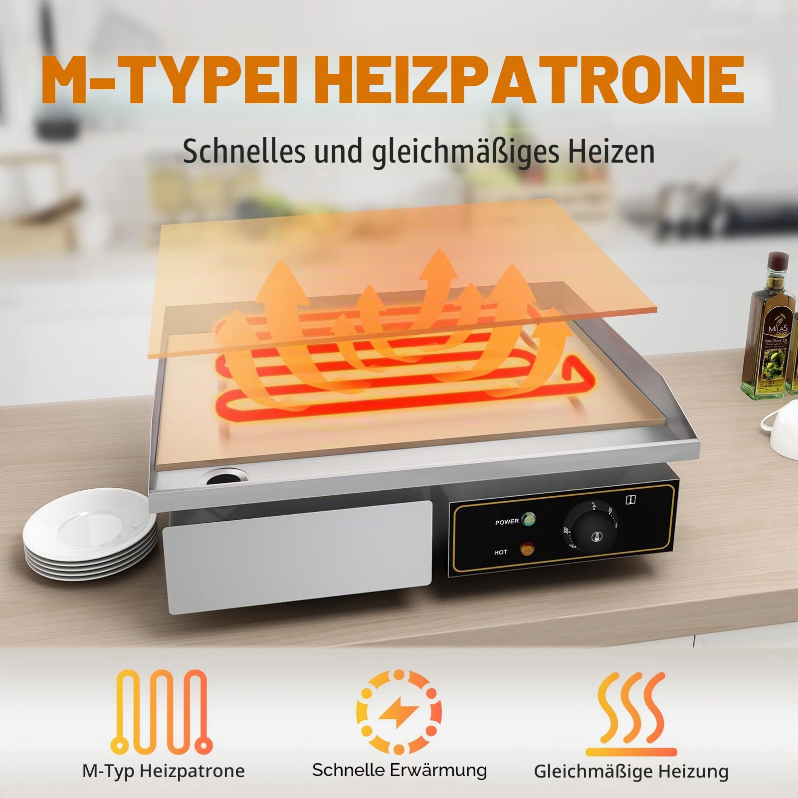 Grillplatte Elektrisch glatt Bratplatte, Elektrogrill | 55 x 34 cm Grillfläche aus Gusseisen,Profi Gastro Elektrische Tischgrill 3000W