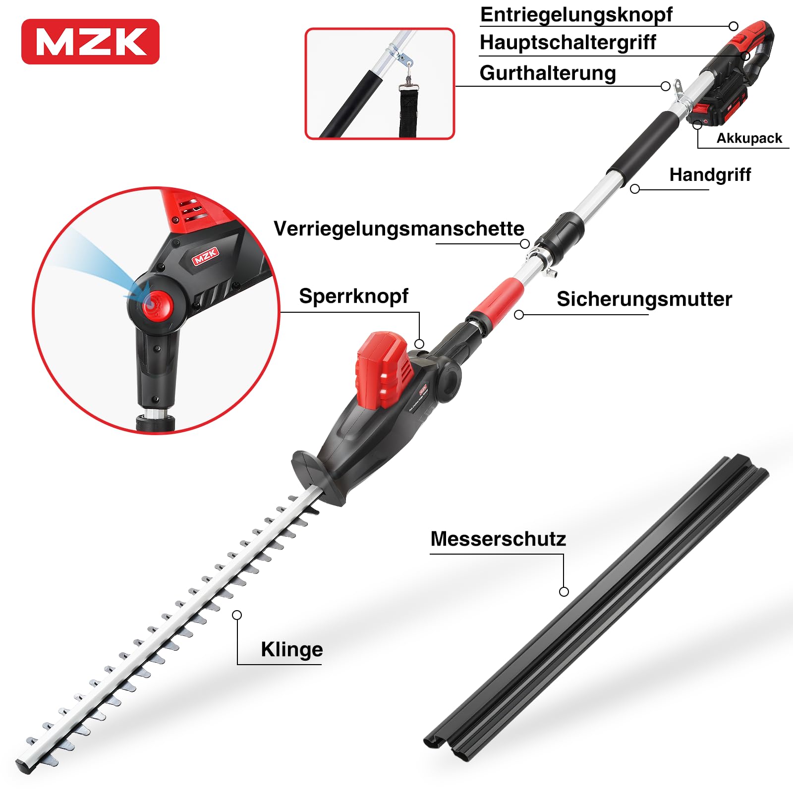 MZK 20V MAX Akku Teleskop-Heckenschere mit 58 cm Schnittlänge, 2.4 m Reichweite, elektrischer Heckenschneider mit Teleskopstiel und Multi-Winkel-Funktion (inkl. 2 Akkus und Ladegerät)