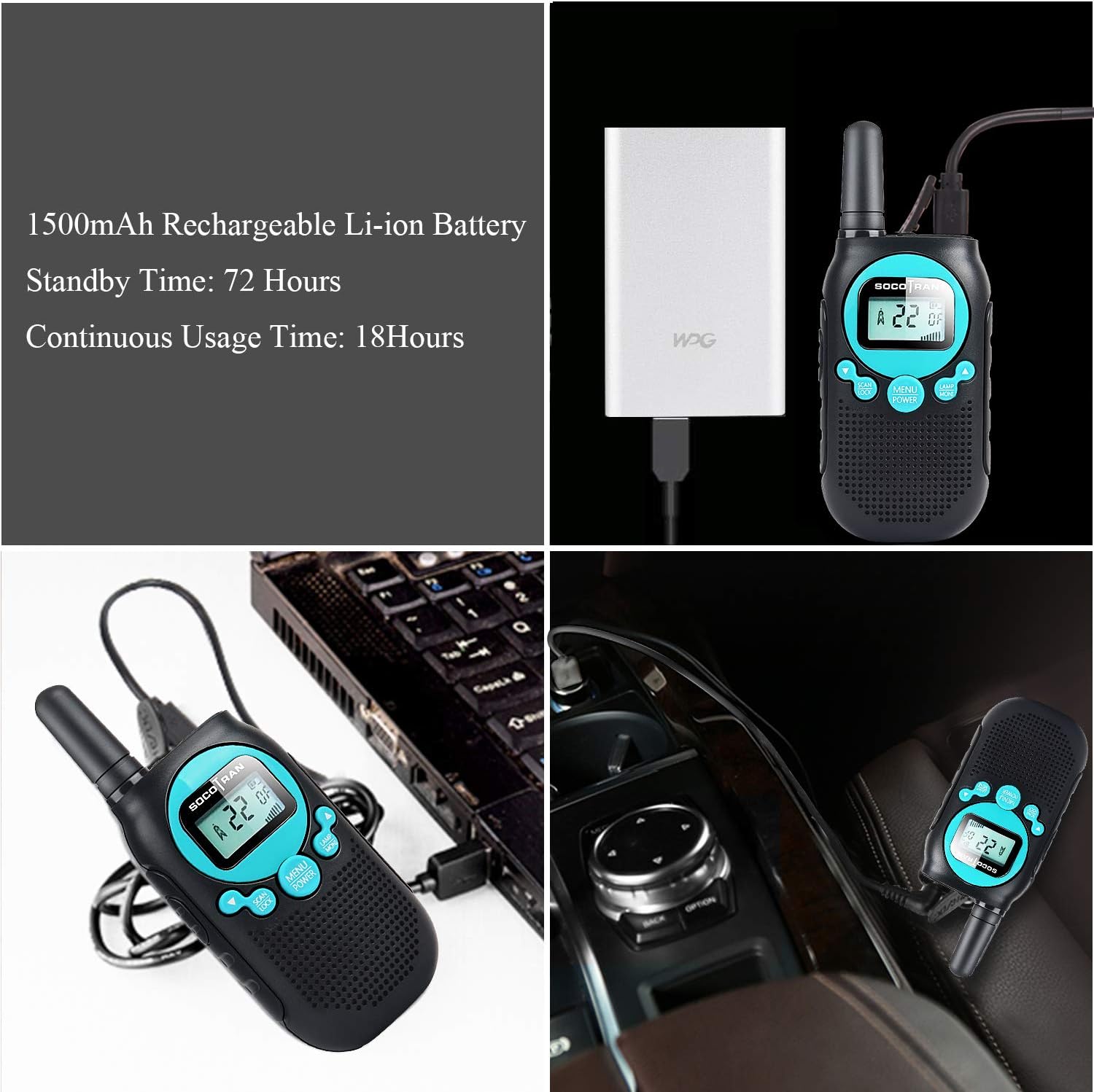 Four panels showing a SOCOTRAN SC-R40 walkie-talkie charging via a power bank, a laptop, and a car USB port. Battery specifications are also visible.