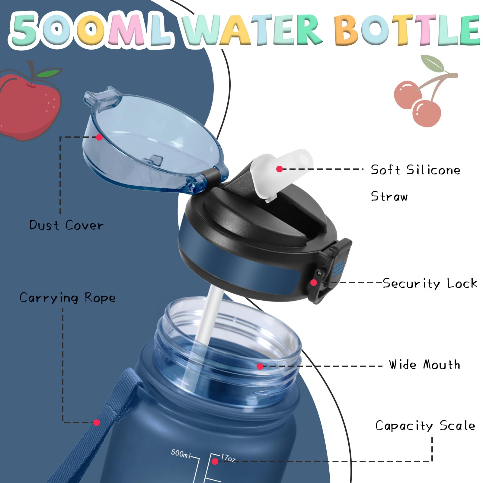 Mujigaga Borraccia, 500ml Borraccia Bambini, Borraccie con Cannuccia, Senza Perdite, Borracce Motivazionale, Facile da Pulire, Con Slogan Motivazionale, per Campeggio, Corsa, Viaggio