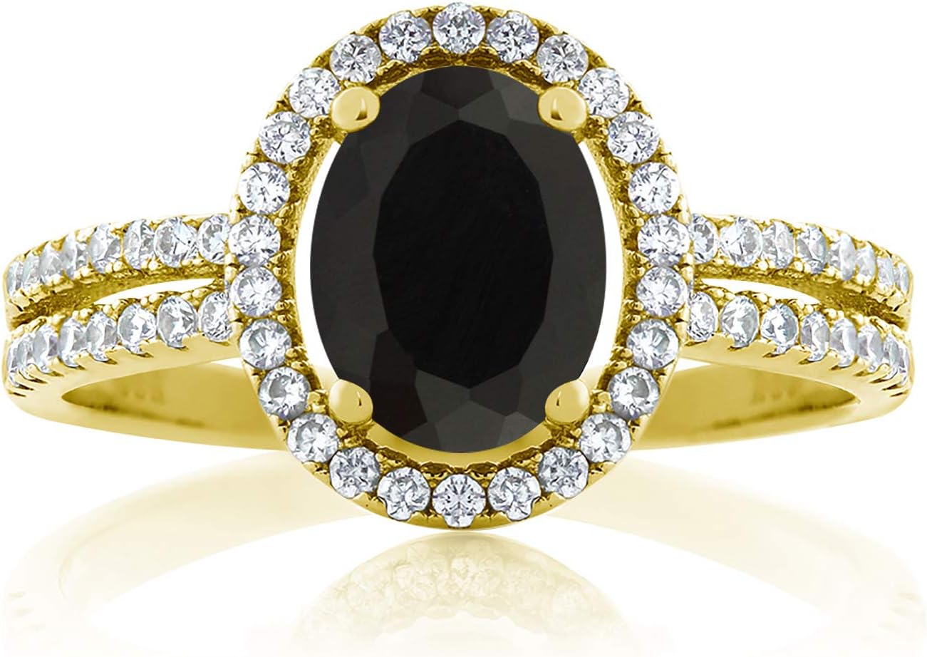 Gem Stone King 18K Yellow Gold Plated Silver 8X6MM Oval Gemstone Birthstone Split Shank Double Halo Engagement Ring | Wedding Band Anniversary Promise Ring For Women