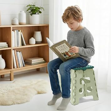 ACKO 13 Inch Folding Step Stool, Holds 300 lbs for Adults and Kids, Green | Collapsible Foldable Stools, Non-Slip Surface Heavy Duty Foot Stepping stool for Kitchen Bathroom Outdoor, Built-in Handle
