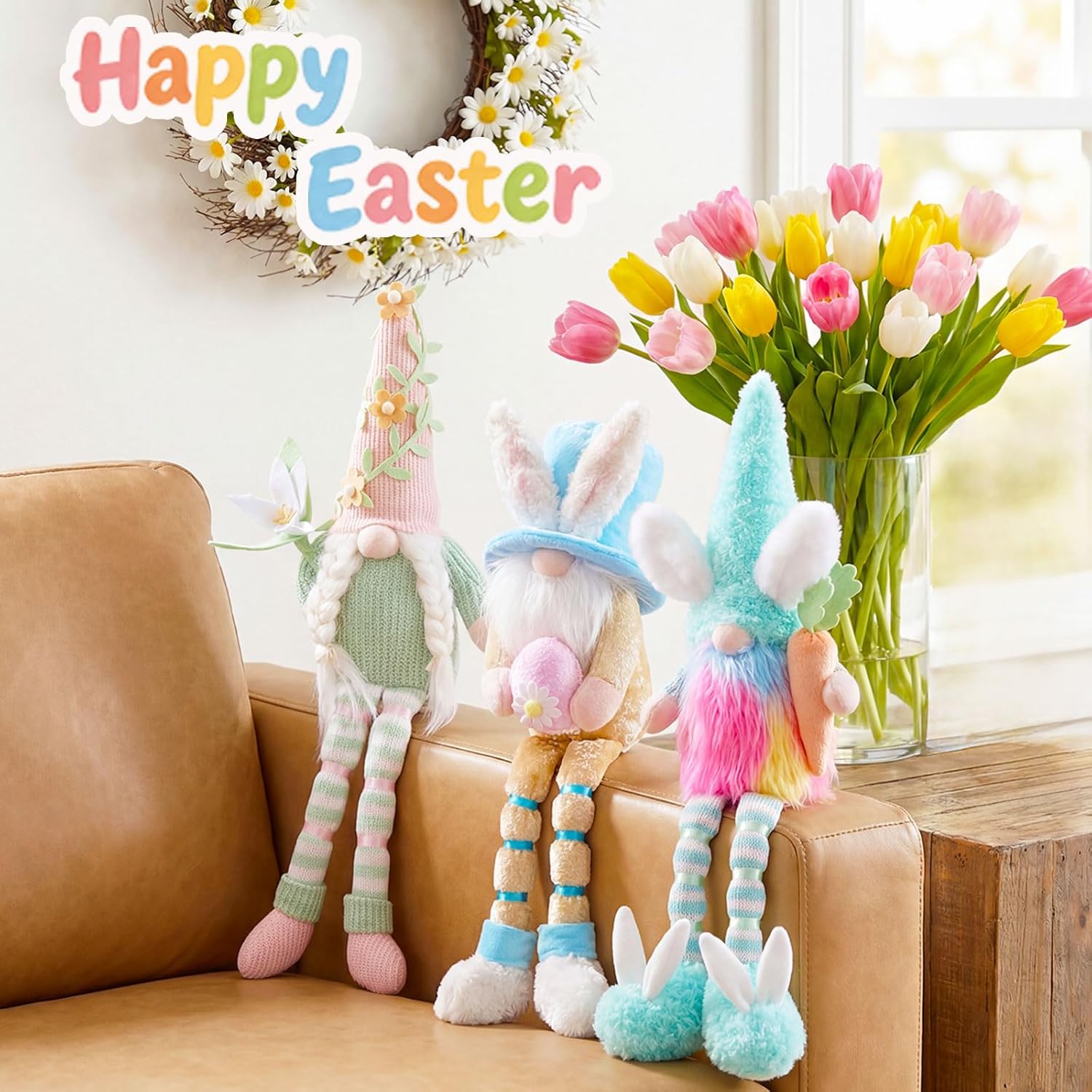 unanscre Easter Gnomes Plush Decorations - 3PCS Long Dangle Leg Bunny Gnomes Handmade Hold Egg Lily Flower Carrot, Rabbit Elf Dolls for Easter Day Home Table Ornament, Tiered Tray Decor