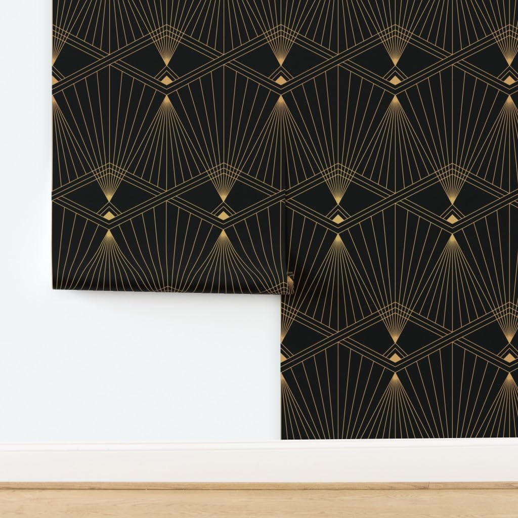 Spoonflower Removable Wallpaper 6ft x 2ft - Art Deco Black Gold Geometric Lines Vintage Roaring 20s Custom Pre-Pasted Wallpaper