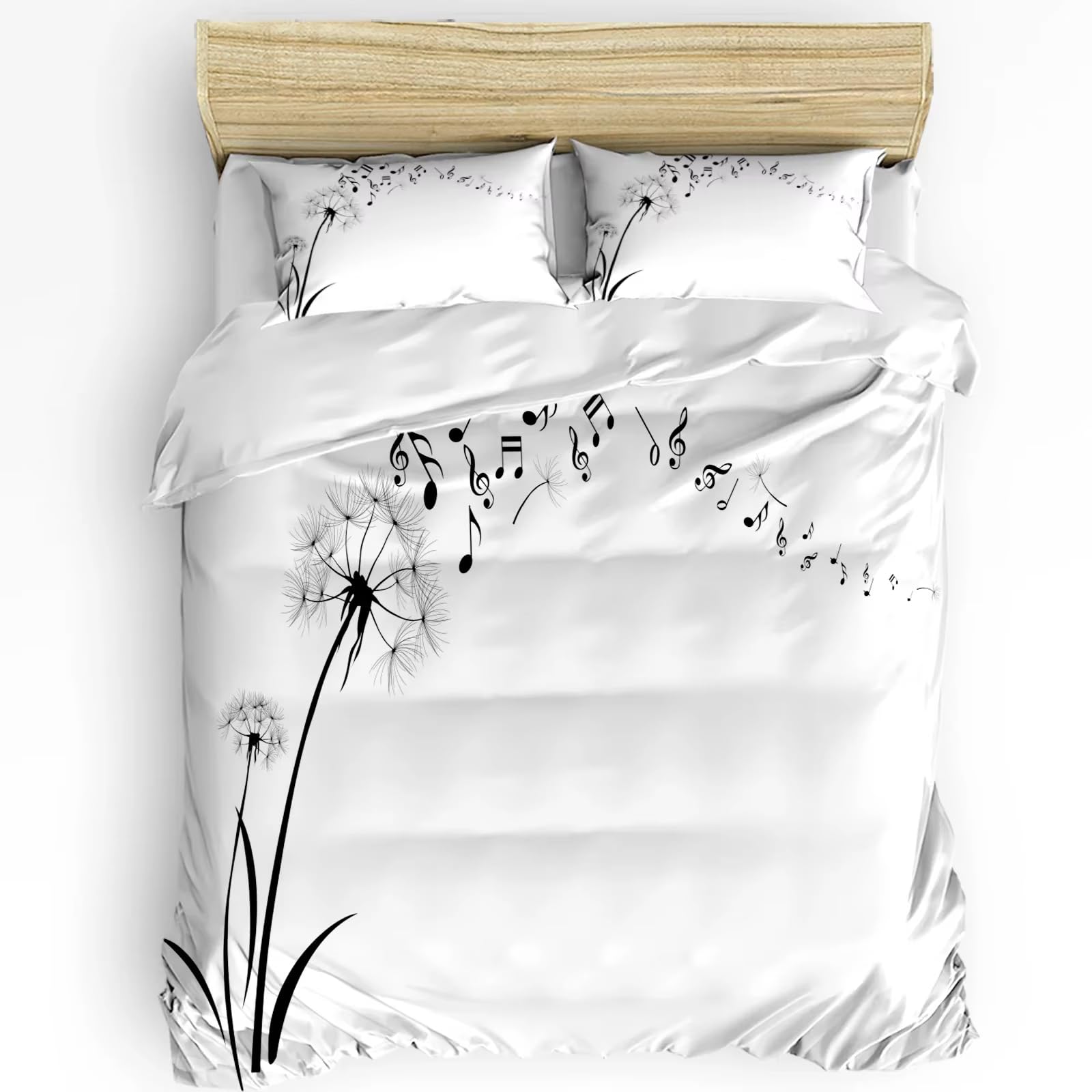 Parure de lit dandelien noir et blanc avec housse de couette 135x200 cm et taies