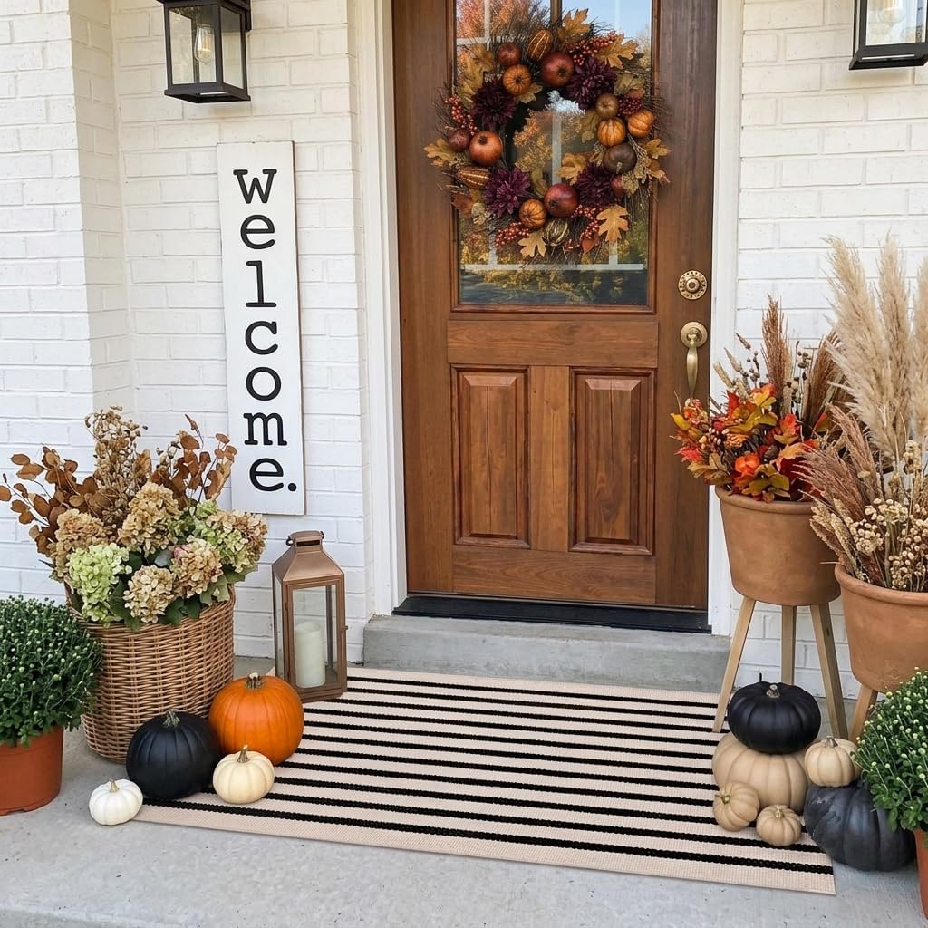 LEEVAN Outdoor Runner Rug 2x4.3 Black and White Striped Front Porch Rug | Layering Fall Doormat Farmhouse Front Porch Rug Cotton Woven Washable Throw Carpet Runner for Front Steps/Bathroom/Kitchen