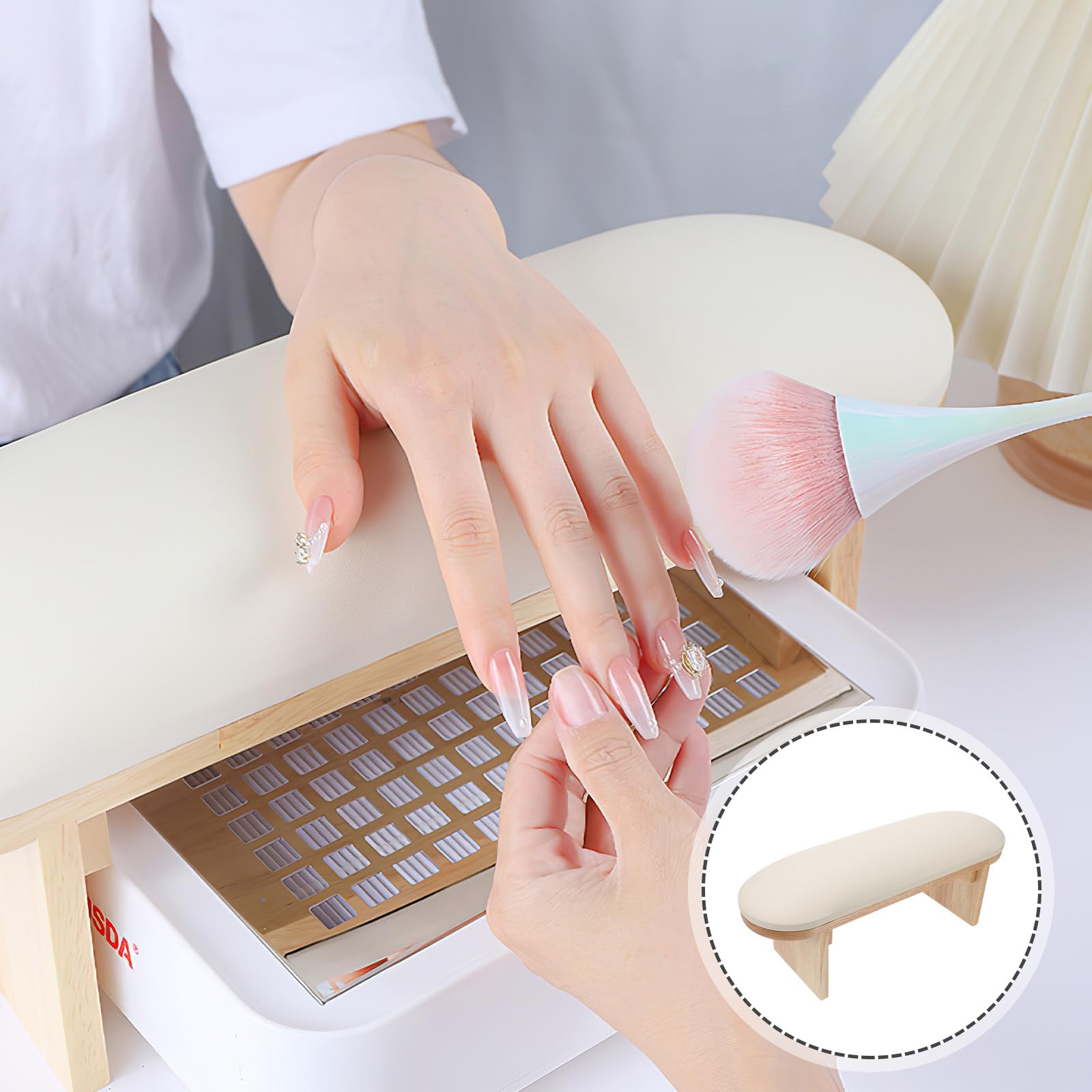 Soporte para reposauñas Almohada de manicura con reposabrazos, descanso para el de uñas, base de madera beige de PU, fácil de limpiar, para nail salon use