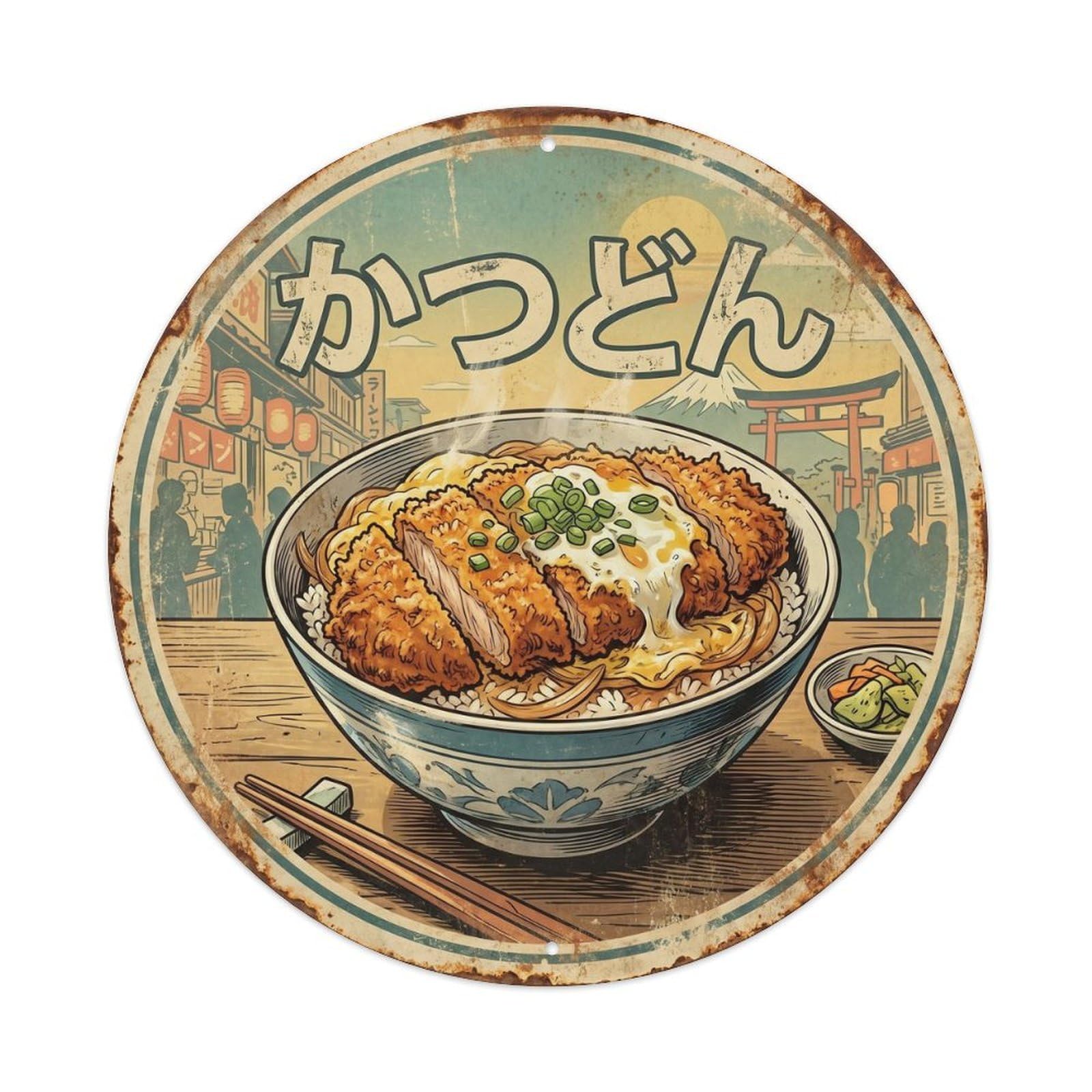 Cxhjca 8X8inch(20X20cm) Katsudon Japanese Lunch Vintage Travel Food Donburi Metal Tin Sign