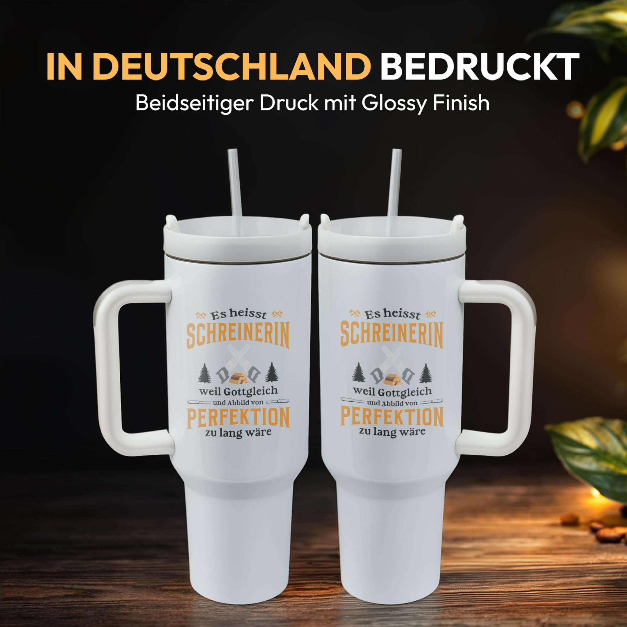 XXL Thermobecher für Schreinerinnen – Geschenk zum Geburtstag & Abschied – Edelstahl Trinkflasche, Weiß mit Schreinerin Spruch (WIEDERVERWENDBAR)