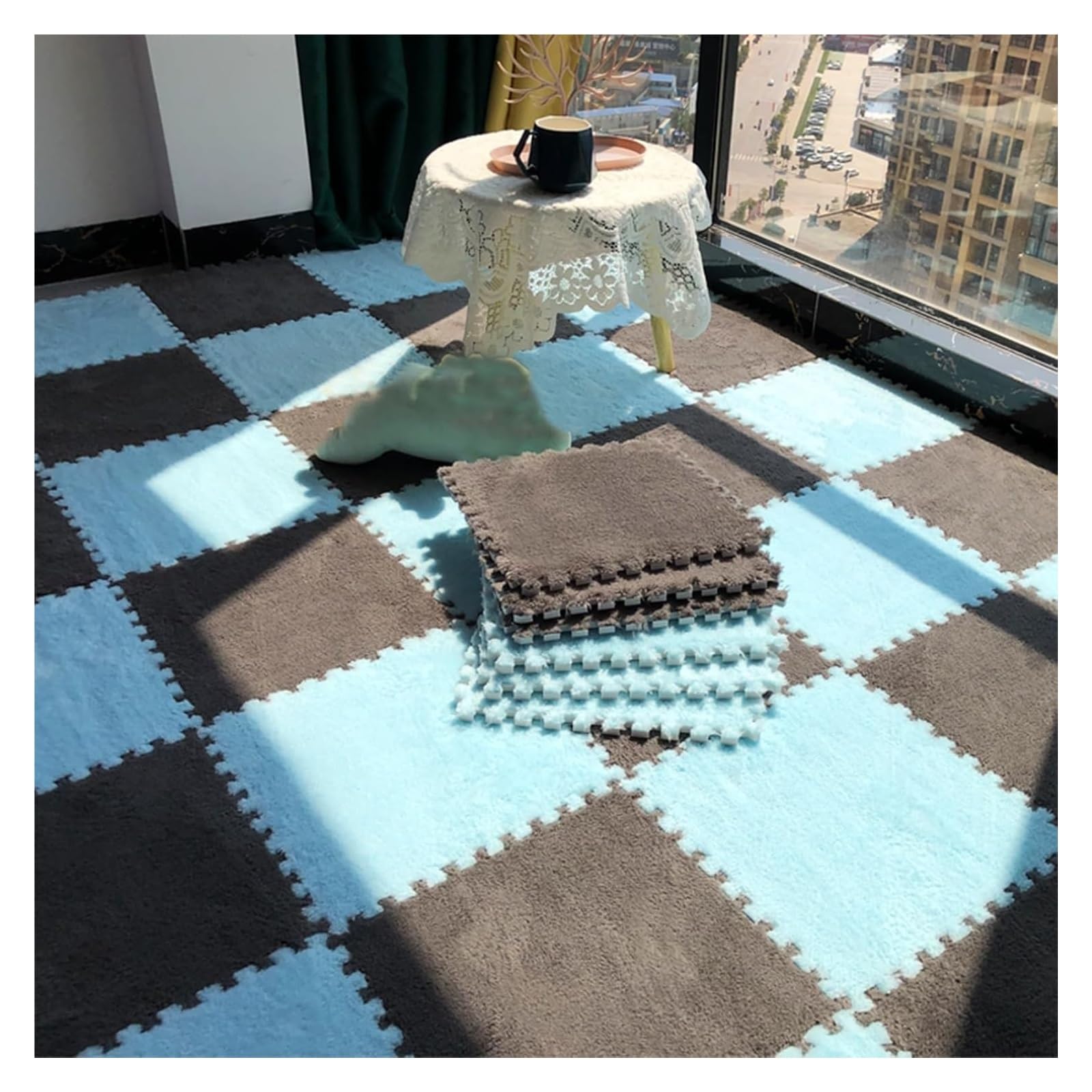 10 sztuk 30x30 cm pluszowych piankowych mat podłogowych z puzzli, układanych w kwadraty, miękka mata do zabawy(Light Blue+gray)