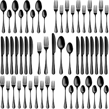 40 Pcs Black Silverware Set, Stainless Steel Flatware Set for 8, Food-Grade Cutlery Set, Mirror Polished Tableware Eating Utensils Set for Home Kitchen, Include Knife Fork Spoon Set, Dishwasher Safe