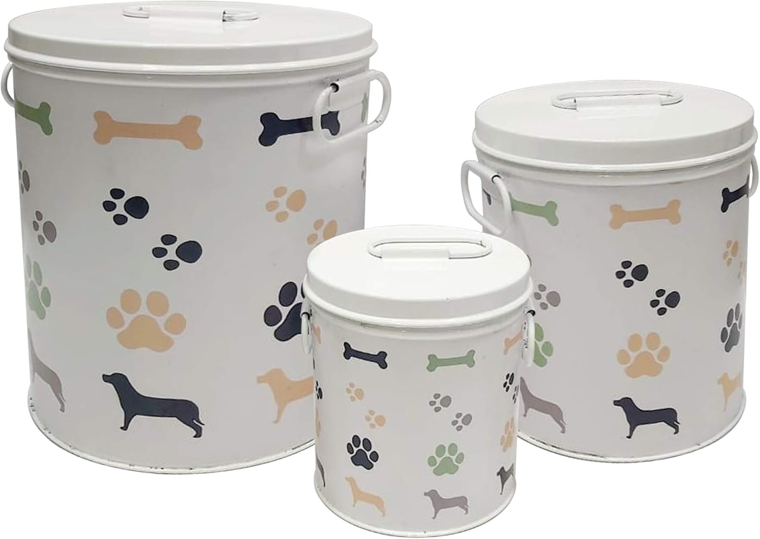 nu steel metal White 3 Pc set Jumbo Pet Canister with bone, paw, dog prints, Dog Food Treat Storage Container Jar with Lid, Tight Fitting Lids for Dog Biscuit Cookies