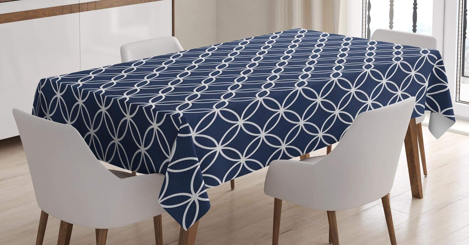 Black Friday - 60% OFF Ambesonne Indigo Tablecloth, Trellis Inspired Pattern Quatrefoil Circles Moroccan Style Tile Theme Image, Dining Room Kitchen Rectangular Table Cover, 52 X 70, Indigo White