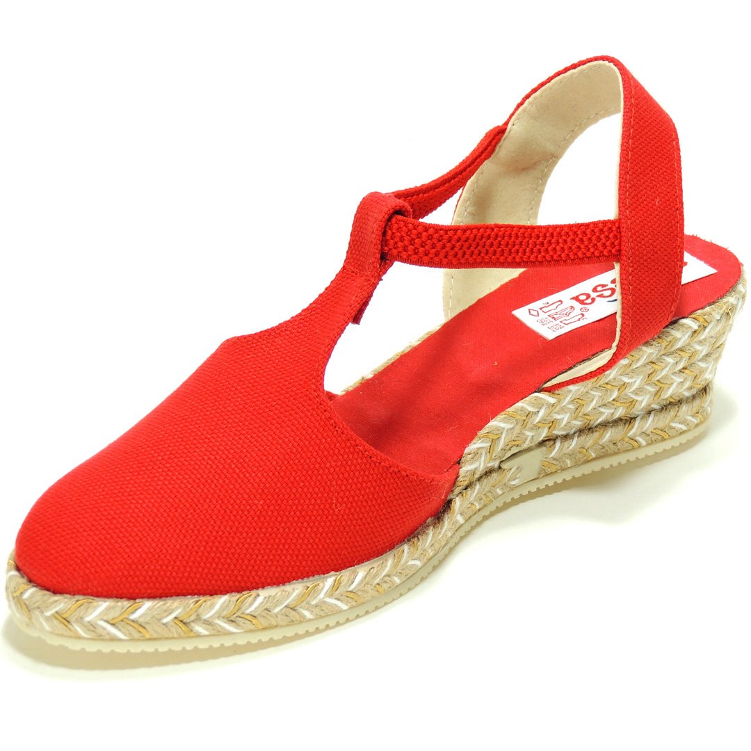 Alpargatas Valencianas Zapatillas para Mujer. Marca ANVESA 419. Cuña de Esparto Cáñamo y Yute - Marca Sevillas - Ajuste con Elástico Rojo Talla 39
