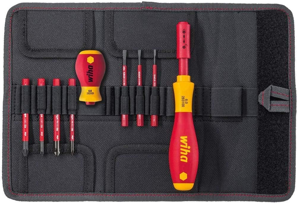 Wiha Schraubendreher und Bit Set slimVario (41233) 10 tlg. in Falttasche | VDE Elektriker mit Griff, Schlitz, Kreuzschlitz, PlusMinus