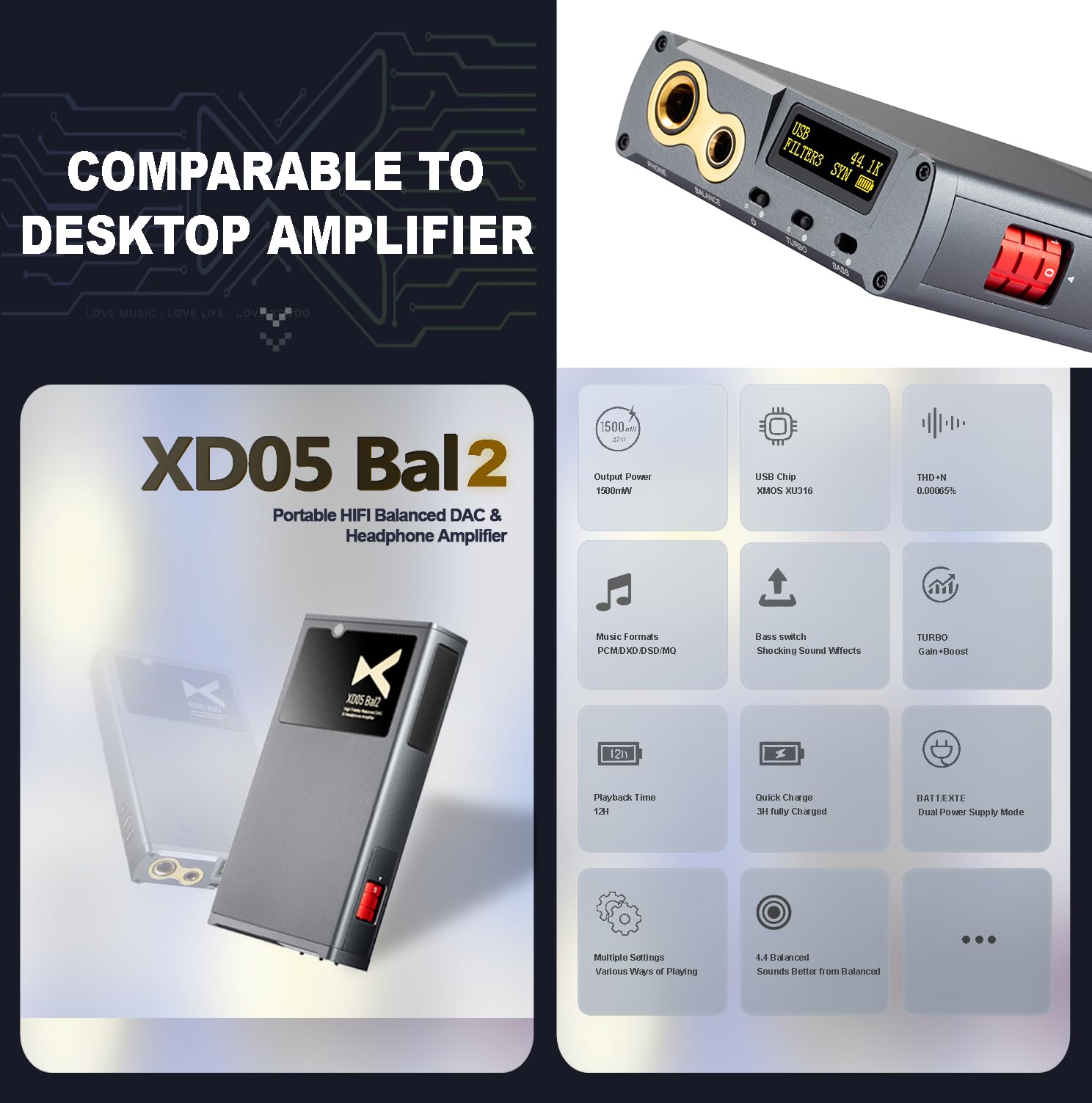 xDuoo XD05 Bal2 Portable HiFi Balanced DAC Headphone Amplifier -6.35/4.4 1500mW Output USB/Opt/Coax/AES/BT Input