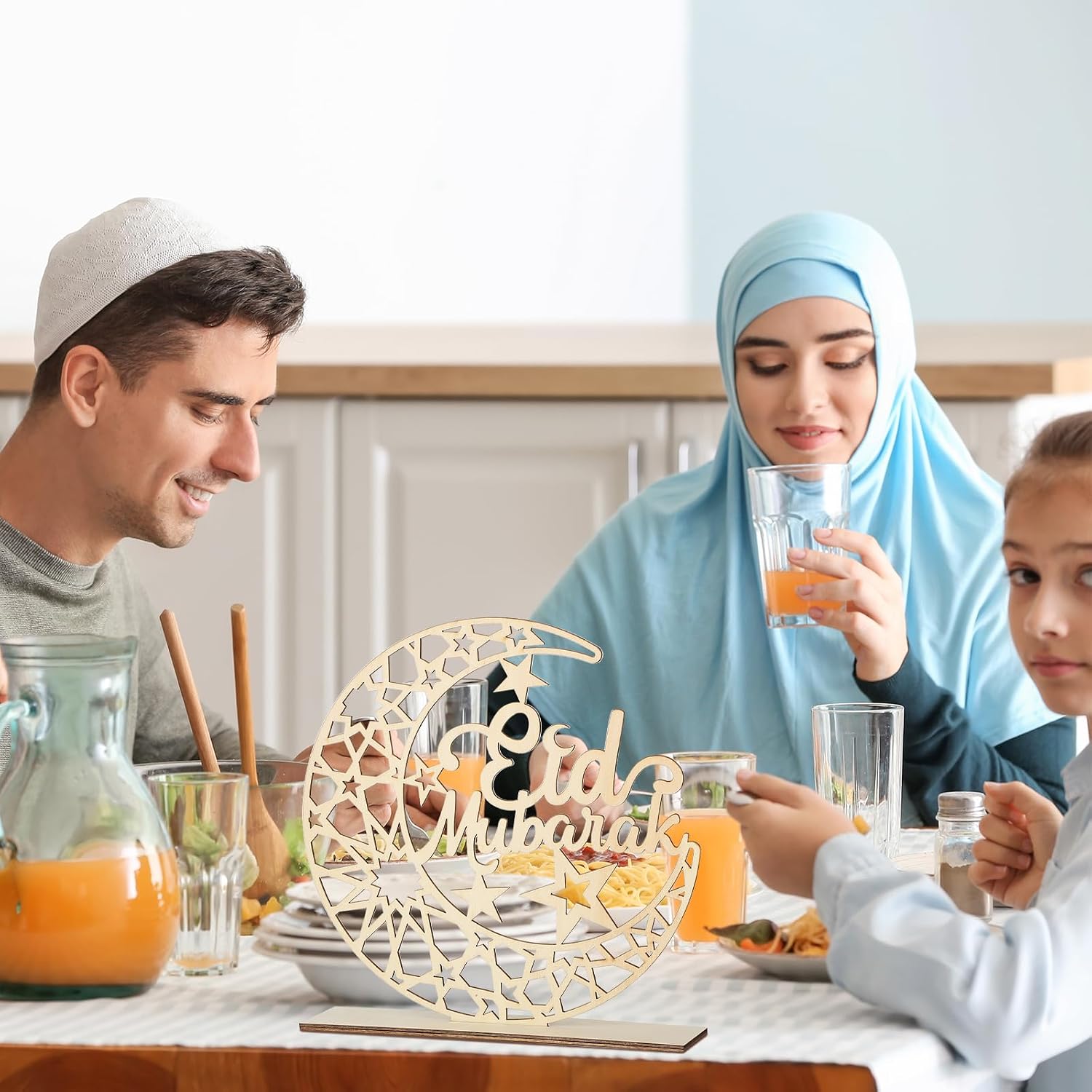 2 Pieces Wood Ramadan Decorations Islamic Eid Mubarak Kareem Table Sign Moon Hollow Star Ornament for Muslim Party Tabletop Decor Home Art Craft Decoration Moon image 3