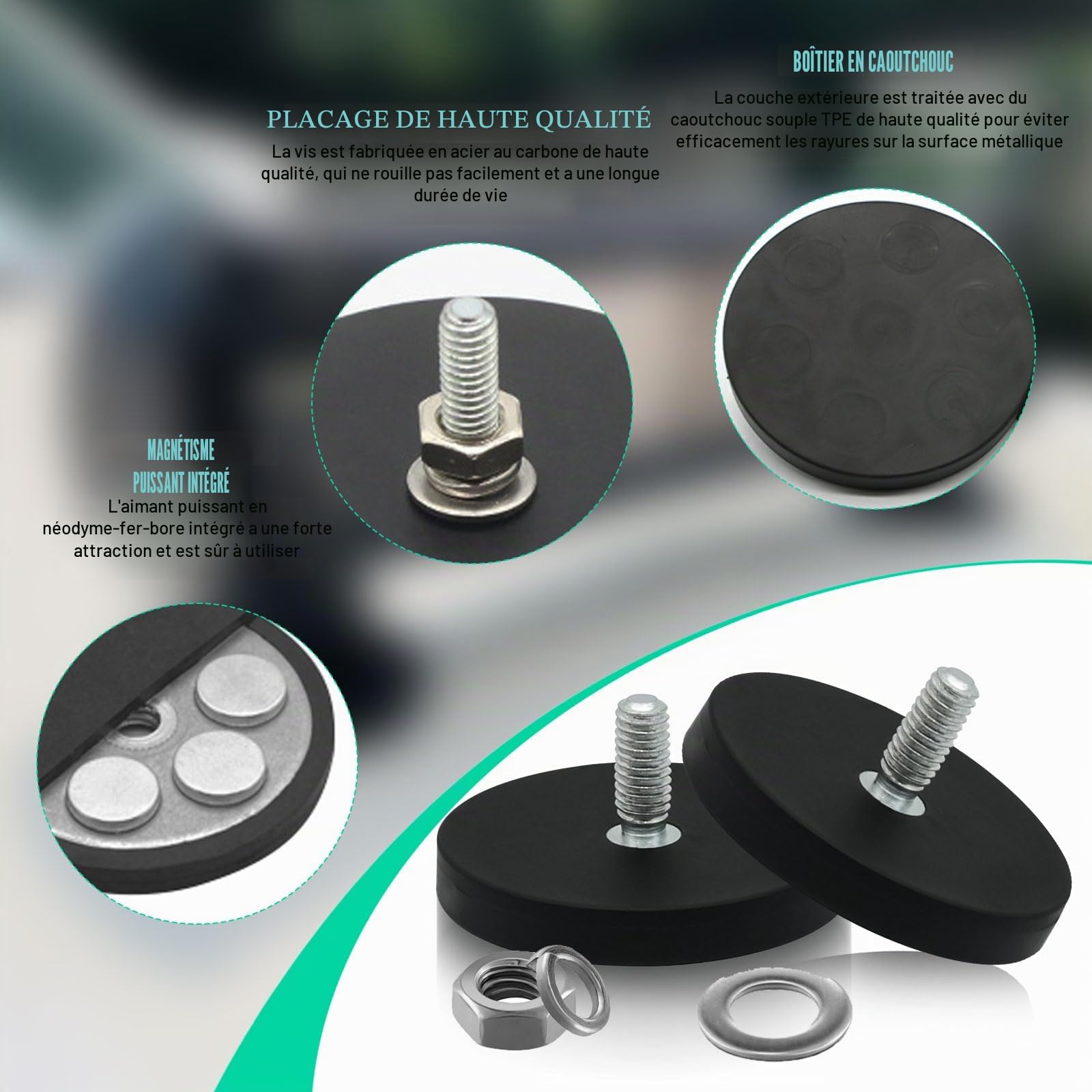 Lot de 10 aimants en néodyme caoutchoutés - Avec filetage de 43 mm de diamètre - Avec filetage extérieur M6 - Force d'adhérence : 8,5 kg - Système magnétique - Socle de montage magnétique pour barres