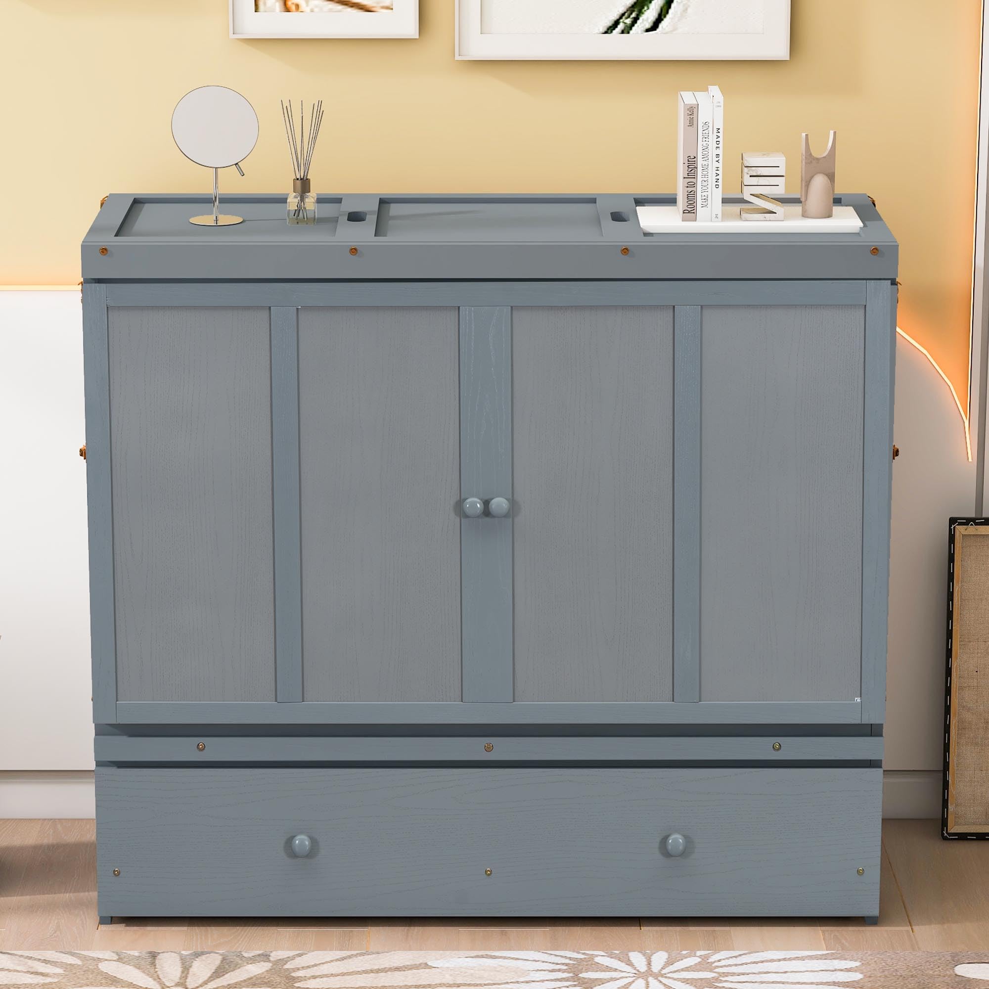 Harper & Bright Designs Full Size Murphy Bed, Wooden Full Murphy Bed Frame with USB Port and a Large Drawer, Gray