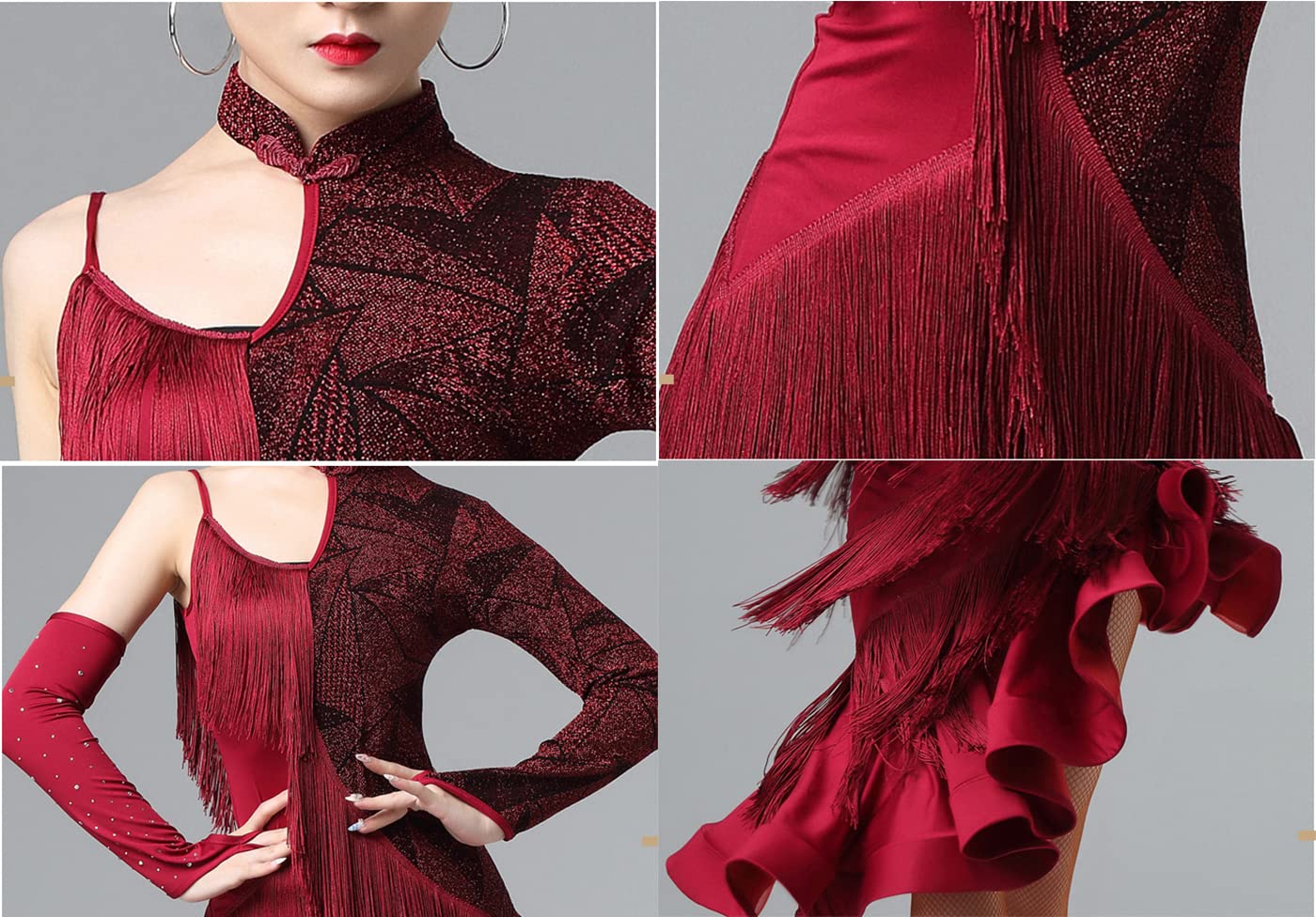 Damen Fransen Latein Tanzkleider Hoher Kragen Latein Turnierkleid Ballsaal Salsa Samba Cha Cha Rock mit abfallendem Saum Walzer Performance Kleid Foxtrot Praxisrock