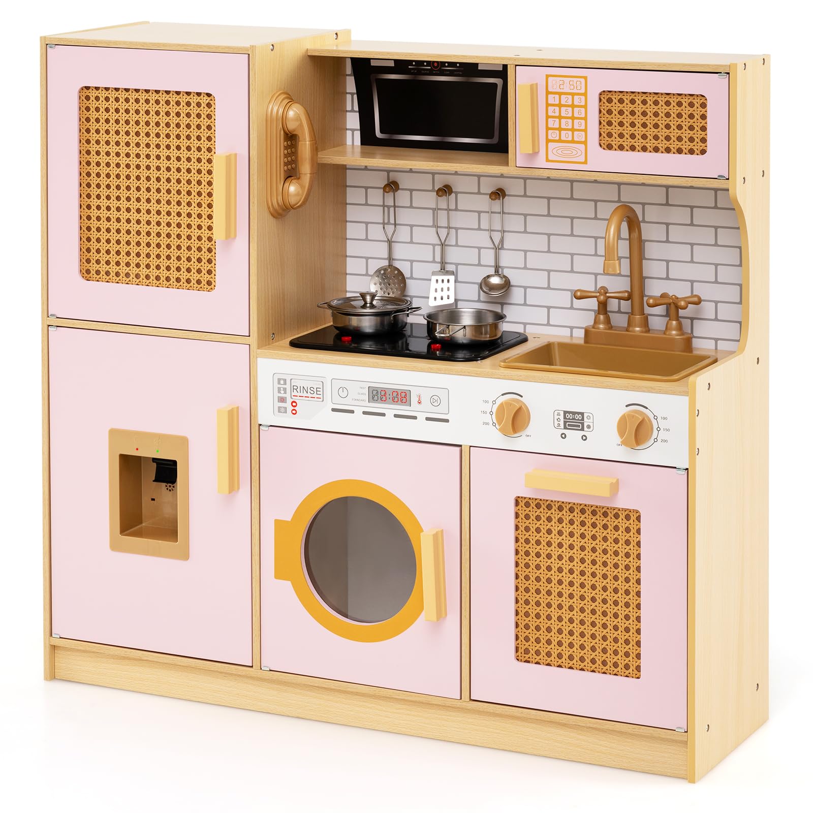 COSTWAY Cuisine Enfant avec Lumière & Effet Sonore, Cuisiniere Enfant avec Distributeur d'eau & Machine à Laver & Four, Portes en Rotin, Jeu de Cuisine pour Garçons Filles de 3 Ans+ (Rose)