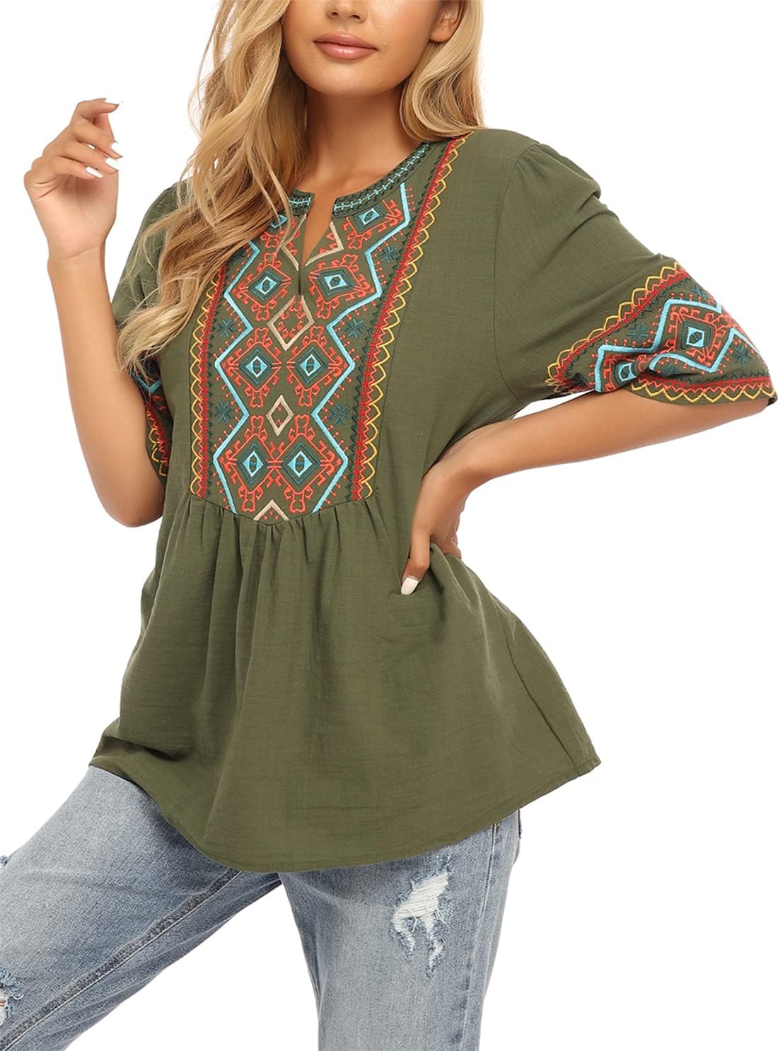 YZXDORWJ Women's Mexican V Neck Peasant Boho Embroidered Blouse Cotton Short Sleeve Tops - Image 4