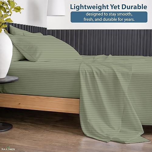 Miniatura 6 de Rajlinen Juego de sábanas de algodón egipcio de 4 piezas, 600 hilos, bolsillo profundo de 16 pulgadas, tamaño King, rayas salvia
