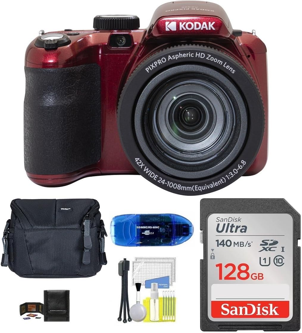 Kodak PIXPRO AZ425 Digital Camera Bundle, Includes: SanDisk 128GB SDXC Memory Card, Small Camera Bag, SD Card Reader and More (6 Items) (Red)
