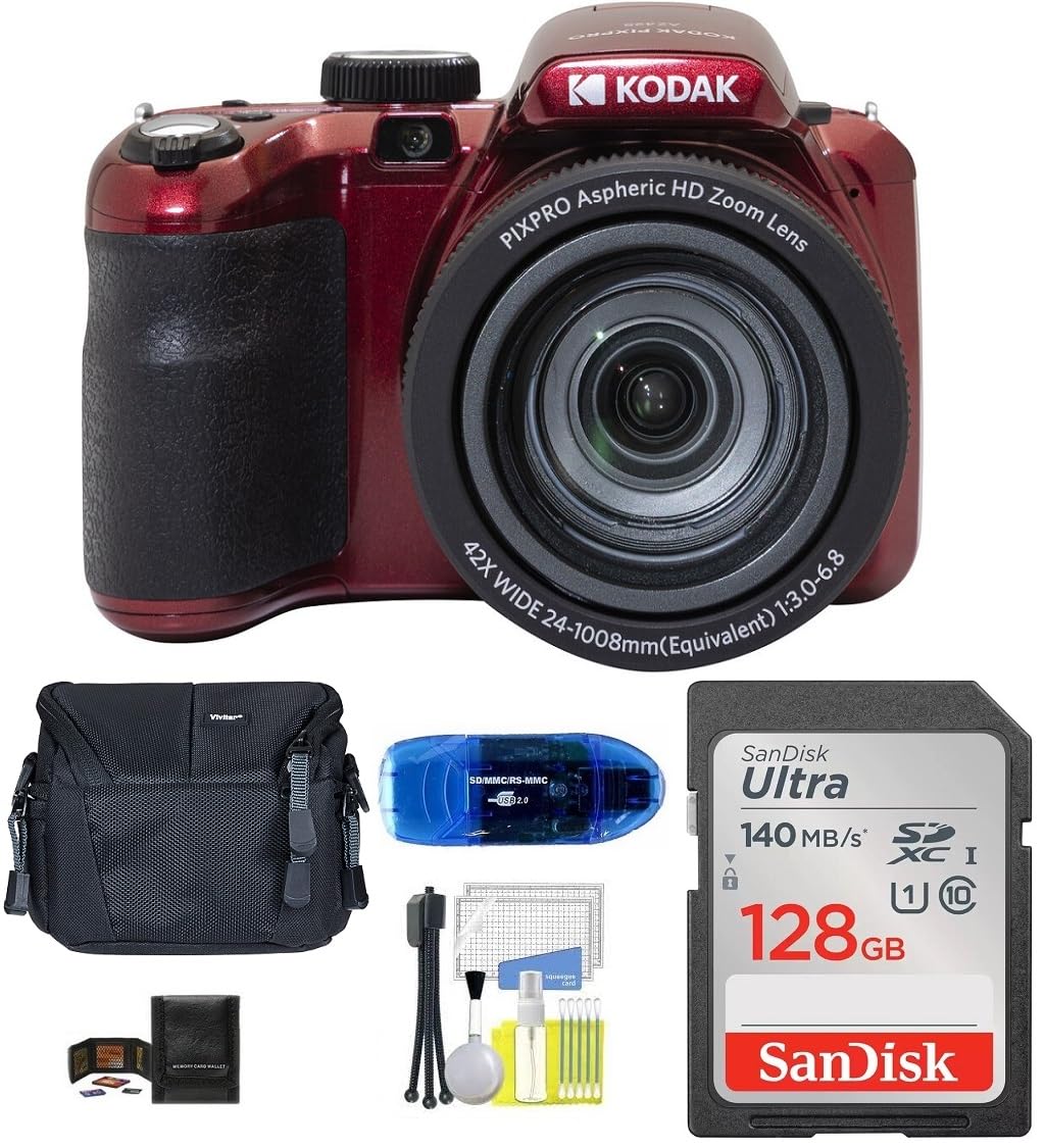 Kodak PIXPRO AZ425 Digital Camera Bundle, Includes: SanDisk 128GB SDXC Memory Card, Small Camera Bag, SD Card Reader and More (6 Items) (Red)
