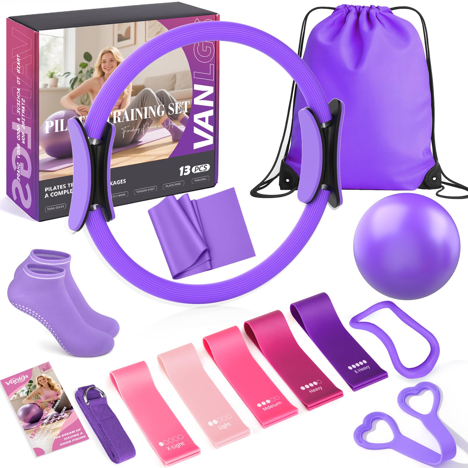 Pilates Kit 13Pcs, Home Pilates Essentials Workout Kit with 13"Ring, 10" Yoga Ball and Multi Resistance Bands, Portable Full Body Fitness Equipment Set for Women Beginners Home Gym Exercise