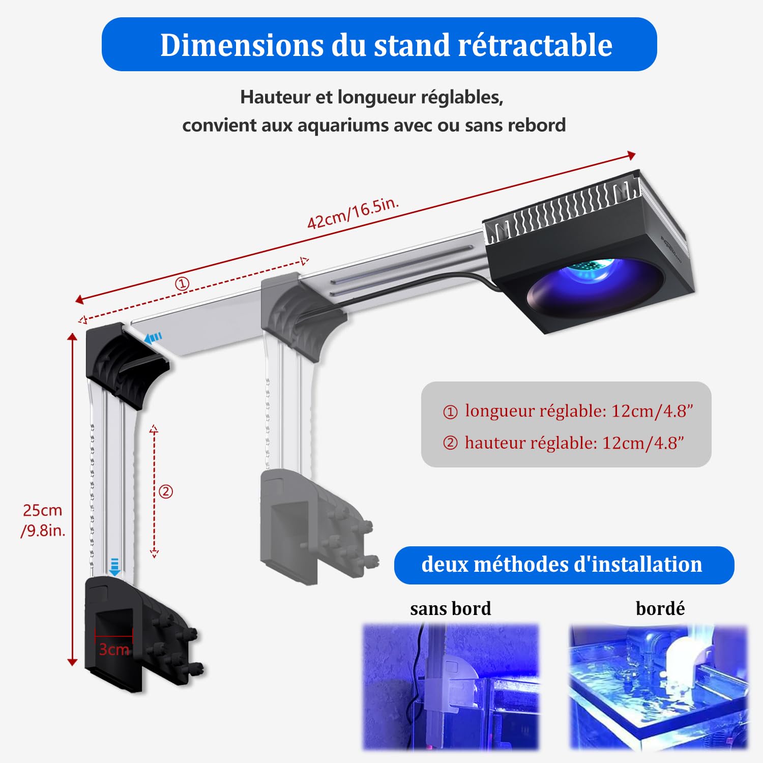 PopBloom RL90 WiFi Rampe LED Aquarium Eau de Mer 100W, APP Programme Marine Éclairage à Spectre Complet pour Aquarium de Corail, L'APP prend en charge le français (100W (RL90 Noir))