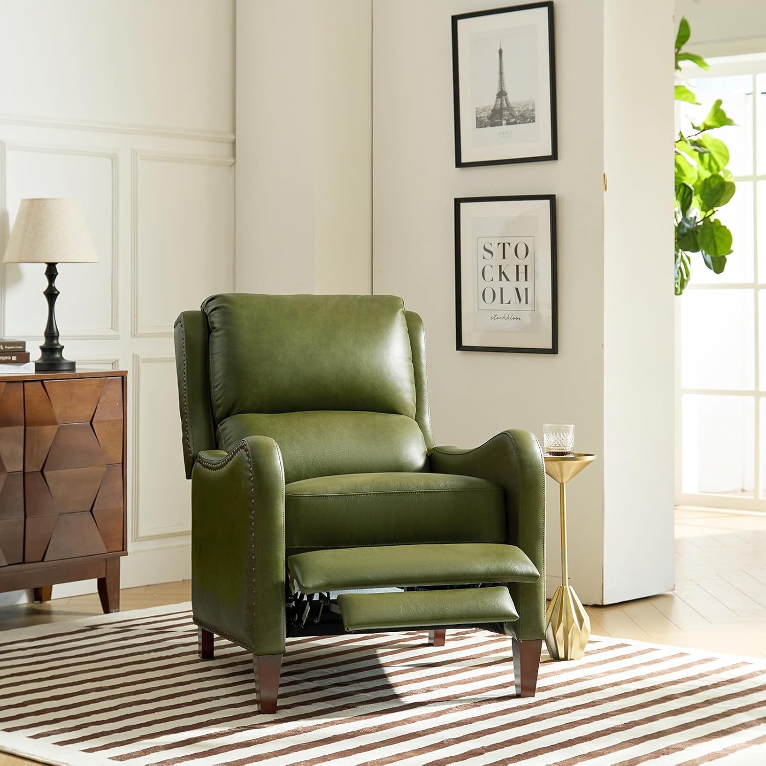 HULALA HOME Genuine Leather Recliner Chair, Modern Push Back Recliner Armchair with Thick Seat, Backrest & Footrest, Nailhead Decor for Living Room, Bedroom, Olive
