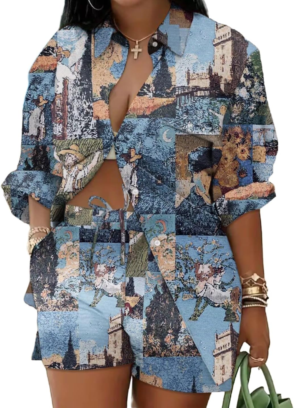 Mandonce 2 Piece Outfits for Women Long Sleeve Printed Shirt and Elastic Lace-Up Shorts with Pockets Beach Vacation Clothes