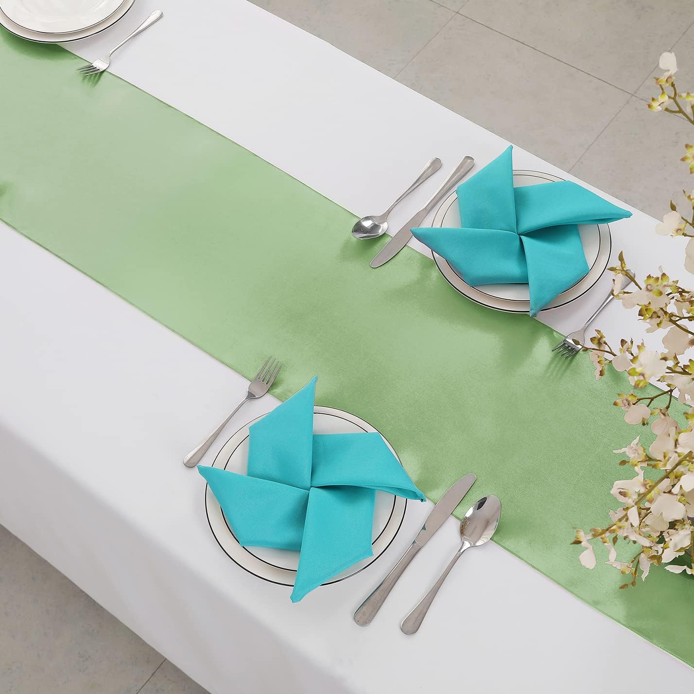 Horbaunal 24 Pack Sage Green Satin Table Runner 12 x 108 Inch, Smooth Table Runners for Wedding Banquets Birthday Party