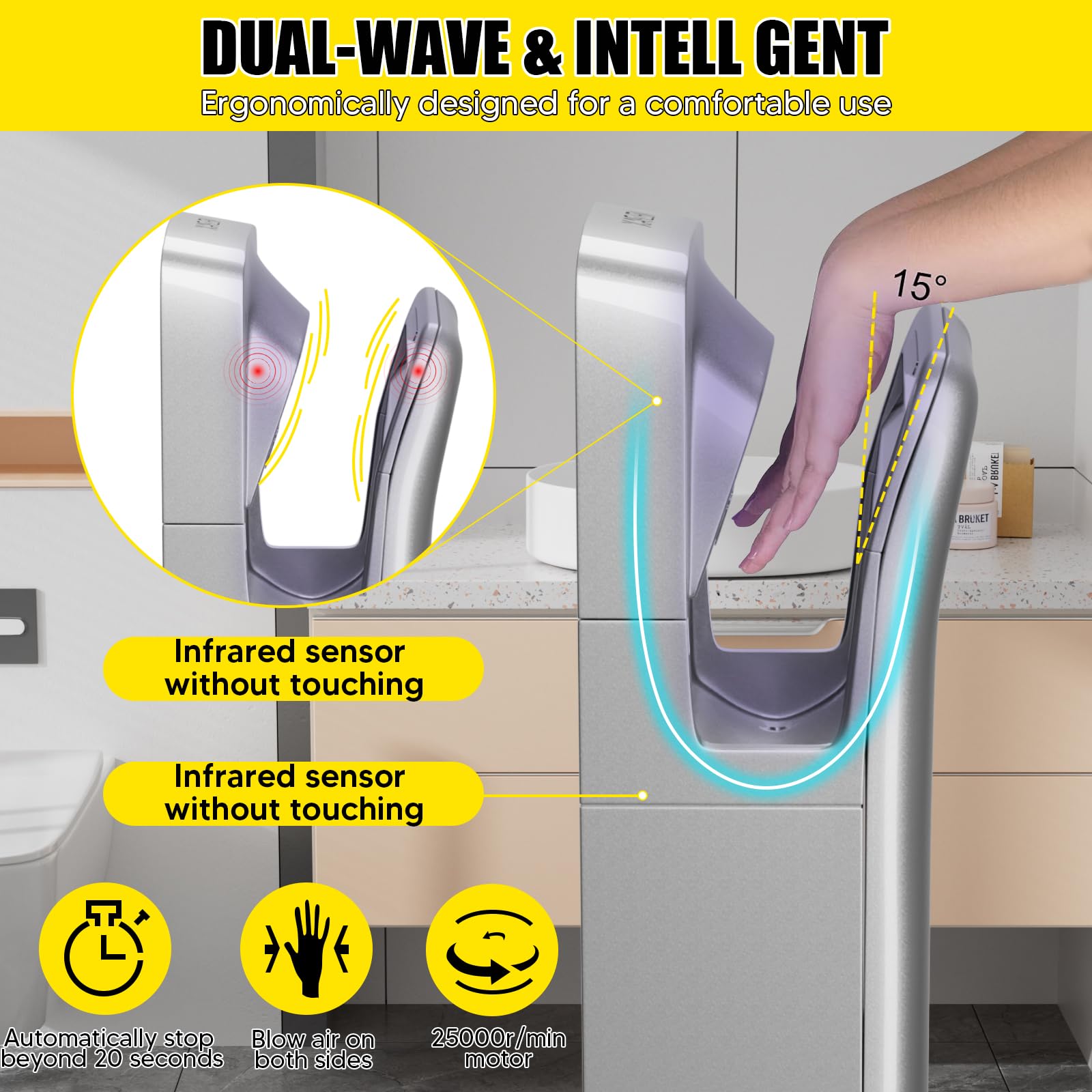 VELPAX 2000W sèche-Mains,sèche-Mains électrique Commercial,avec AEPH Filtre,10-12 Secondes pour sécher,Convient aux salles de Bains publiques, aux Cuisines et aux Bureaux
