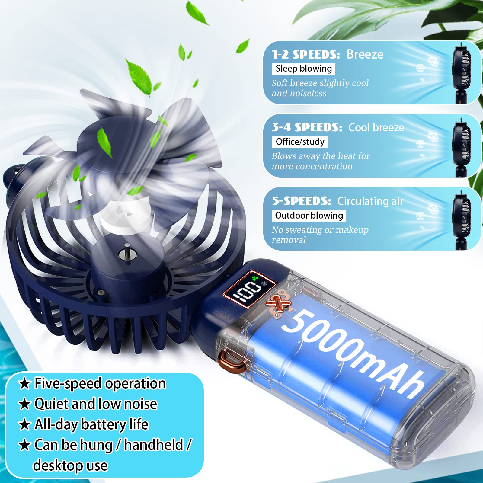 Rafada Mini ventilateur portable rechargeable par USB, 5 vitesses avec