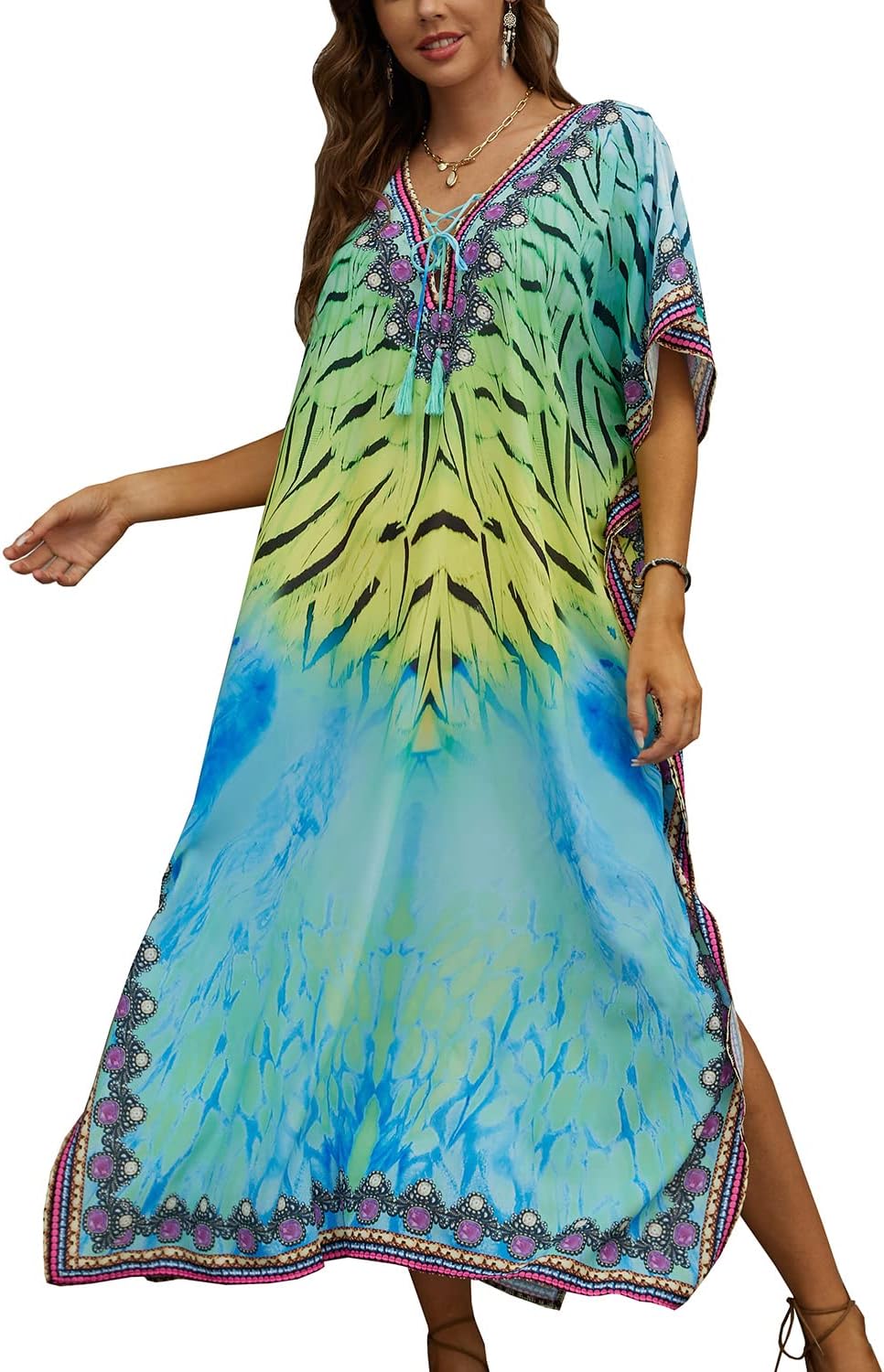YouKD Maxi-jurk met V-hals, kaftan, boho-gewaad, strandjurk, ruime jurk voor dames, One size