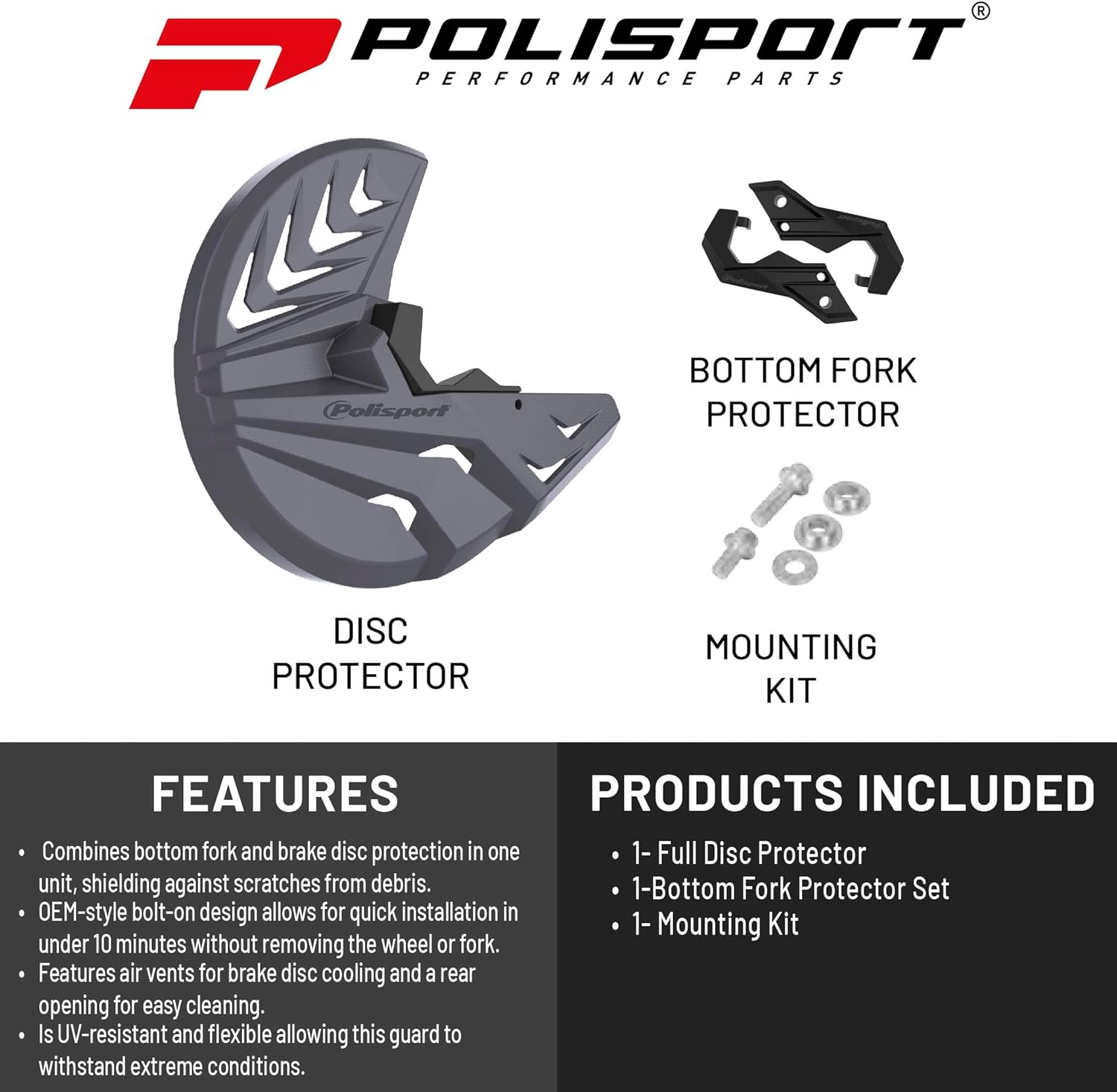 Polisport Motocross Motorcycles Disc/Bottom Fork Protector for Beta RR 125/200/250/300/350/390/430/480 2T/4T (19-26) Dirt Bike - Protects Brake Disc and Fork from Rocks and Debris for MX/Enduro, Grey