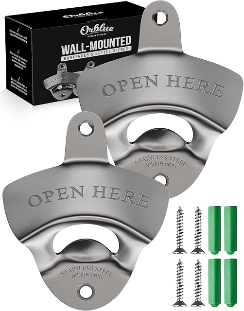 ORBLUE Wall Mounted Bottle Opener 2-Pack Stainless Steel - Outdoor Garden Pub Home Bar & Gift, Silver