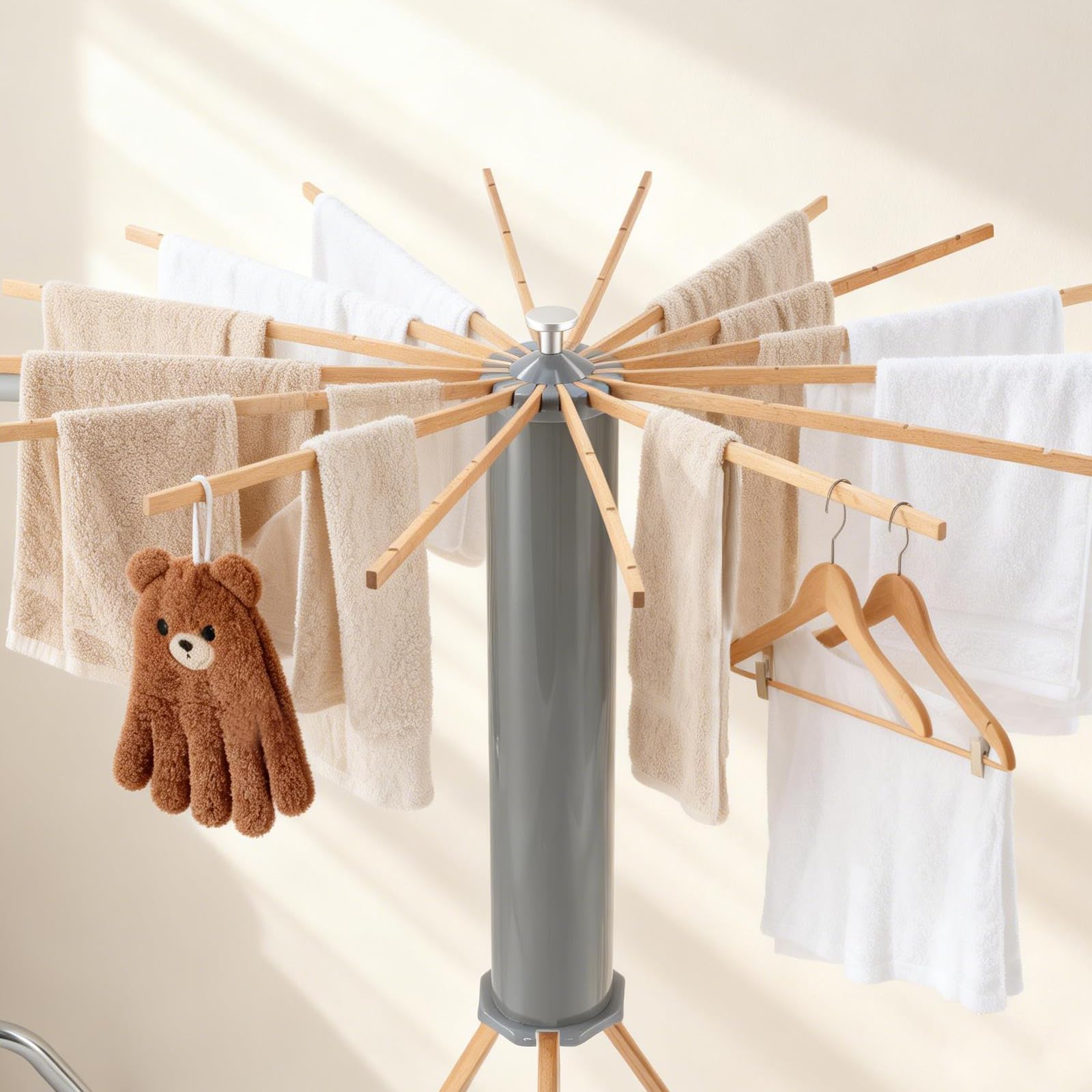 Faltbarer Holz-Wäscheständer – Ausziehbarer, Tragbarer & Platzsparender Trockenständer für Balkon, Badezimmer, Stabil Wohnzimmer und Waschküche (Grau)