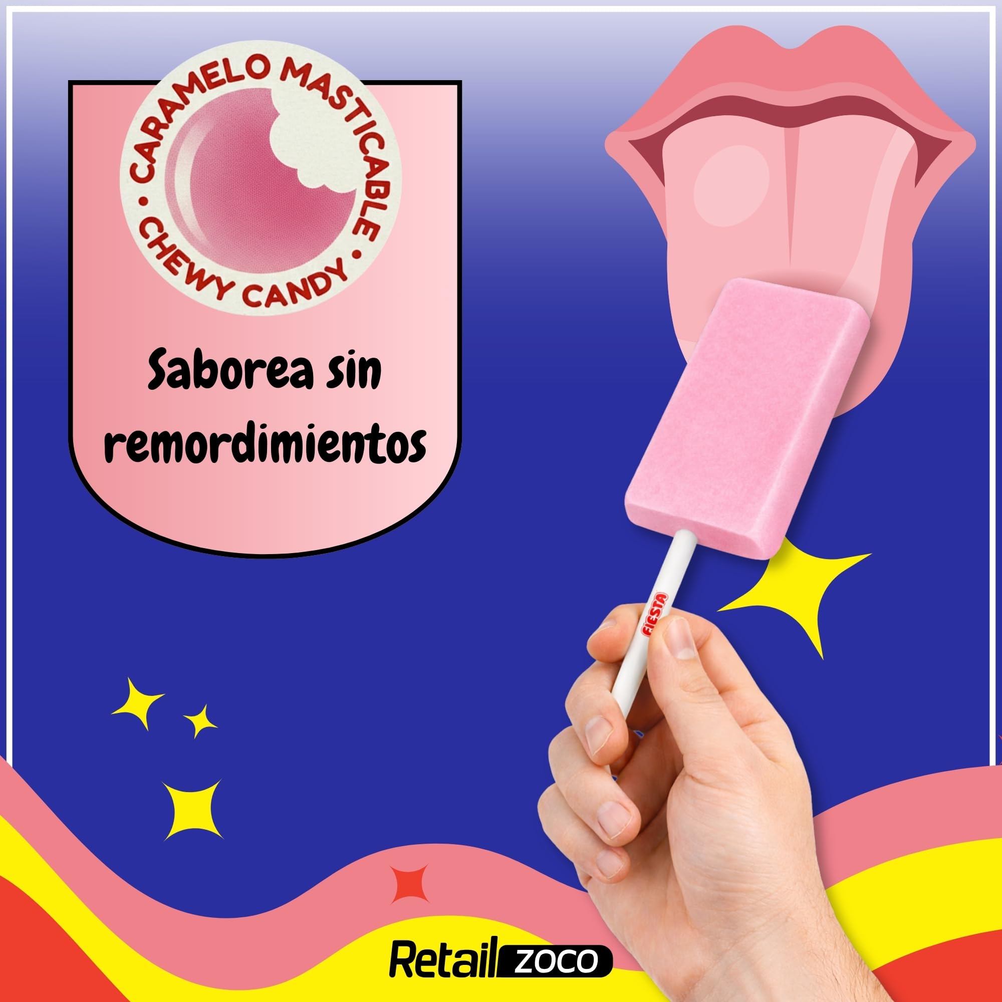 Lolipop sabor fresa, Caramelo Masticable con Palo, Apto para veganos, sin gluten, sin huevo y sin lactosa es completamente apto para celíacos, Contiene 1 caja con 200 unidades