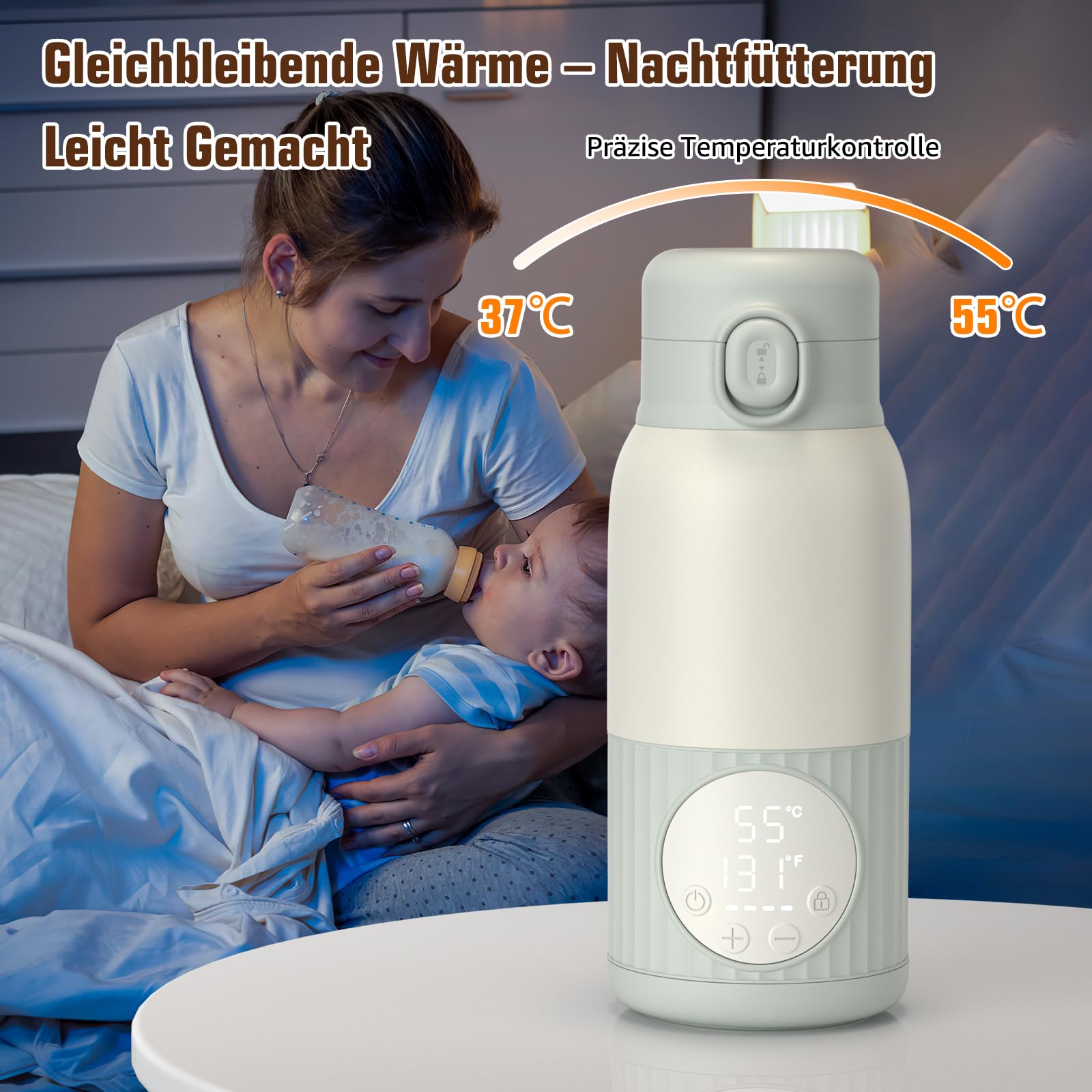 Baby Tragbare Flaschenwärmer für unterwegs für Muttermilch, Formel oder Wasser 380ml große Kapazität, 100W Leistung schnelle Erwärmung & präzise Temperaturkontrolle Milchwärmer für Reisen (Grau)