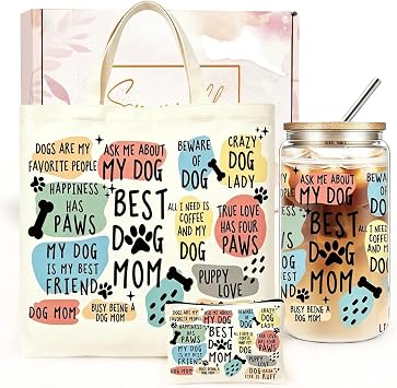 DHQH Dog Mom Gifts for Dog Lovers Dogs Themed Birthday Gifts Set for Women with 16oz Glass Cup, Canvas Tote Bag